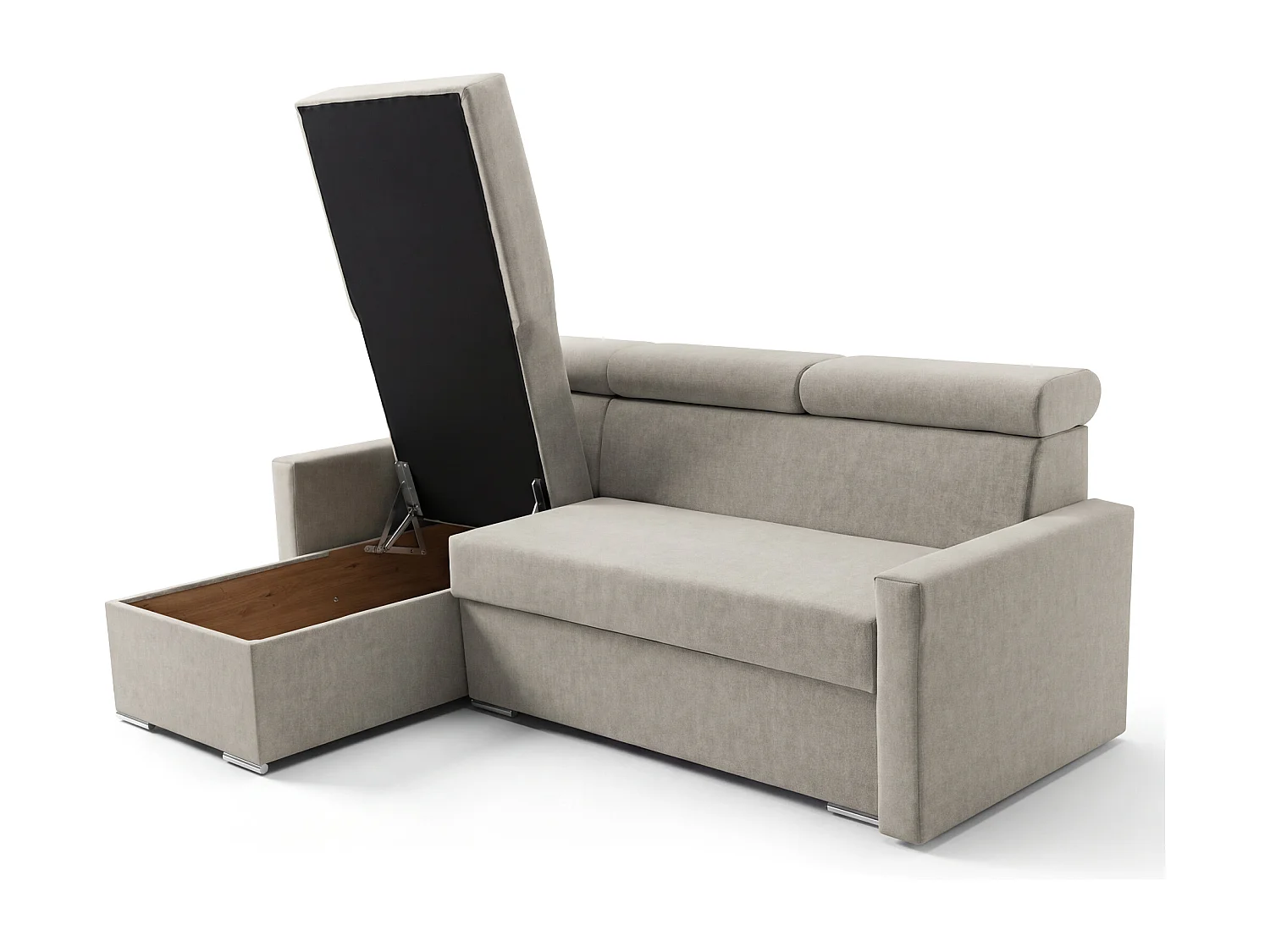Ecksofa Vega L mit Schlaffunktion & Bettkasten – Samtstoff Best Hellbeige – Zero-Wall Design Wandbündig – L-Form Sofa Freistehend