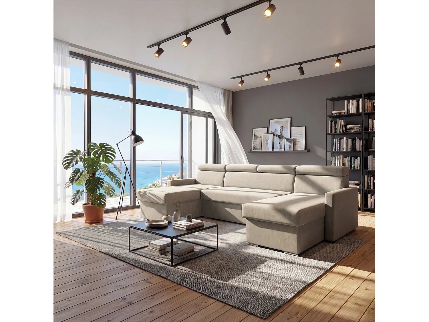 Vega U Wohnlandschaft mit Schlaffunktion und 2 Bettkasten Ecksofa in U-Form Verstellbare Kopfstützen Samt-Stoff Best 305x151 cm (Beige)