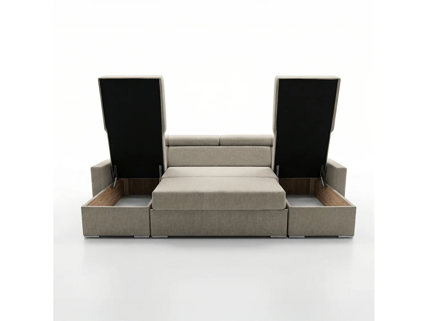 Vega U Wohnlandschaft mit Schlaffunktion und 2 Bettkasten Ecksofa in U-Form Verstellbare Kopfstützen Samt-Stoff Best 305x151 cm (Beige)