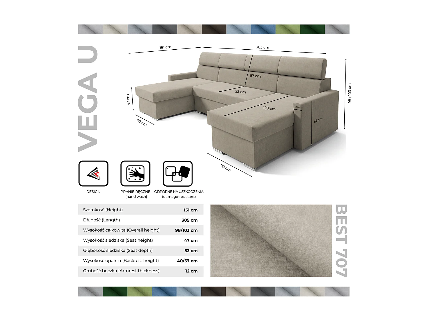 Vega U Wohnlandschaft mit Schlaffunktion und 2 Bettkasten Ecksofa in U-Form Verstellbare Kopfstützen Samt-Stoff Best 305x151 cm (Beige)