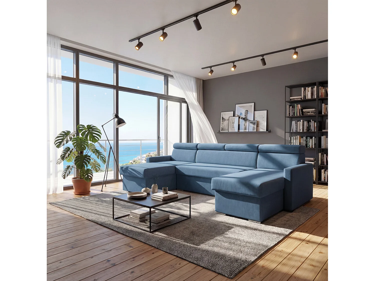 Vega U Ecksofa nach Maß | Breite anpassbar | Schlaffunktion 2 Bettkasten U-Form verstellbare Kopfstützen Samt-Stoff Best 305x151 cm (Blau)