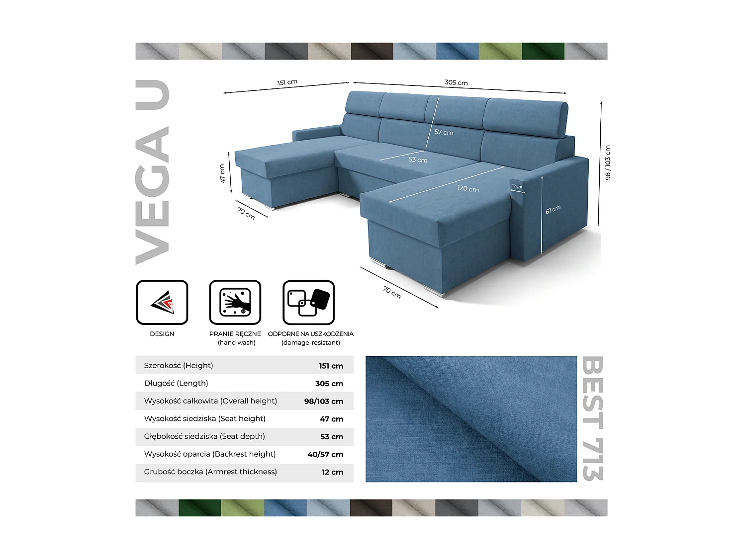Vega U Ecksofa nach Maß | Breite anpassbar | Schlaffunktion 2 Bettkasten U-Form verstellbare Kopfstützen Samt-Stoff Best 305x151 cm (Blau)