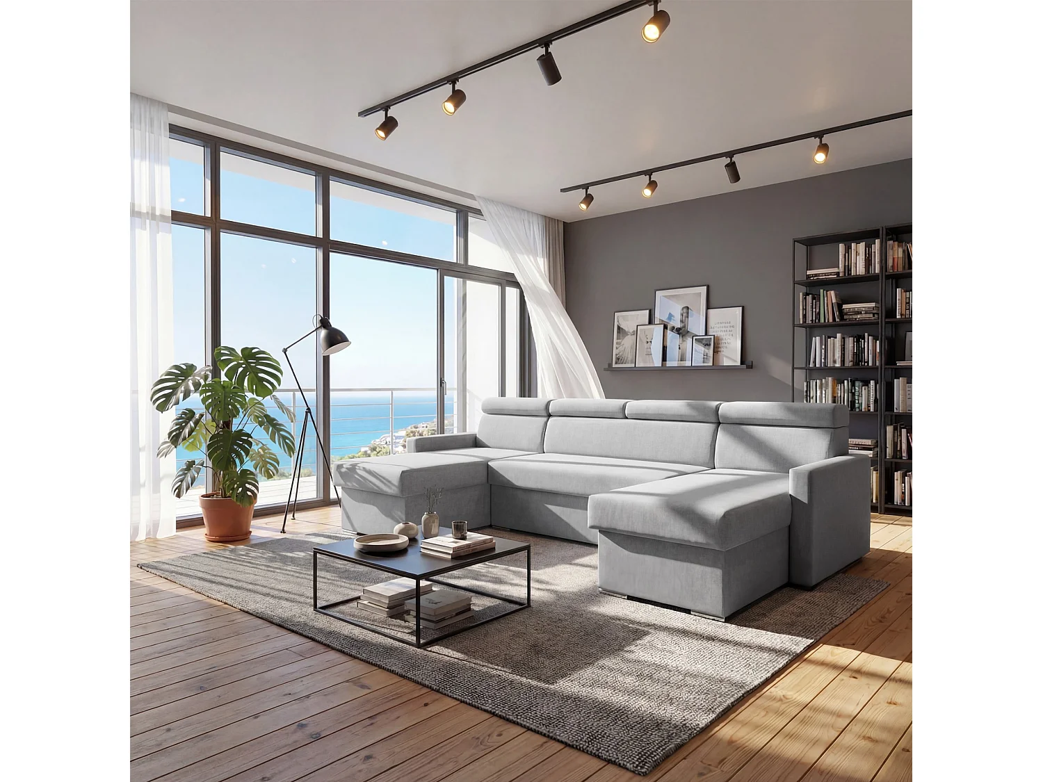 Vega U Wohnlandschaft mit Schlaffunktion und 2 Bettkasten Ecksofa in U-Form Verstellbare Kopfstützen Samt-Stoff Best 305x151 cm (Hellgrau)