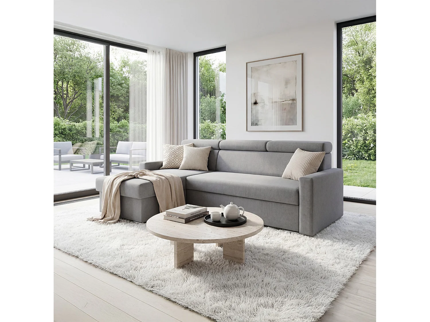 Ecksofa Vega L mit Schlaffunktion & Bettkasten – Samtstoff Best Stahlfarbe – Zero-Wall Design Wandbündig – L-Form Sofa Freistehend