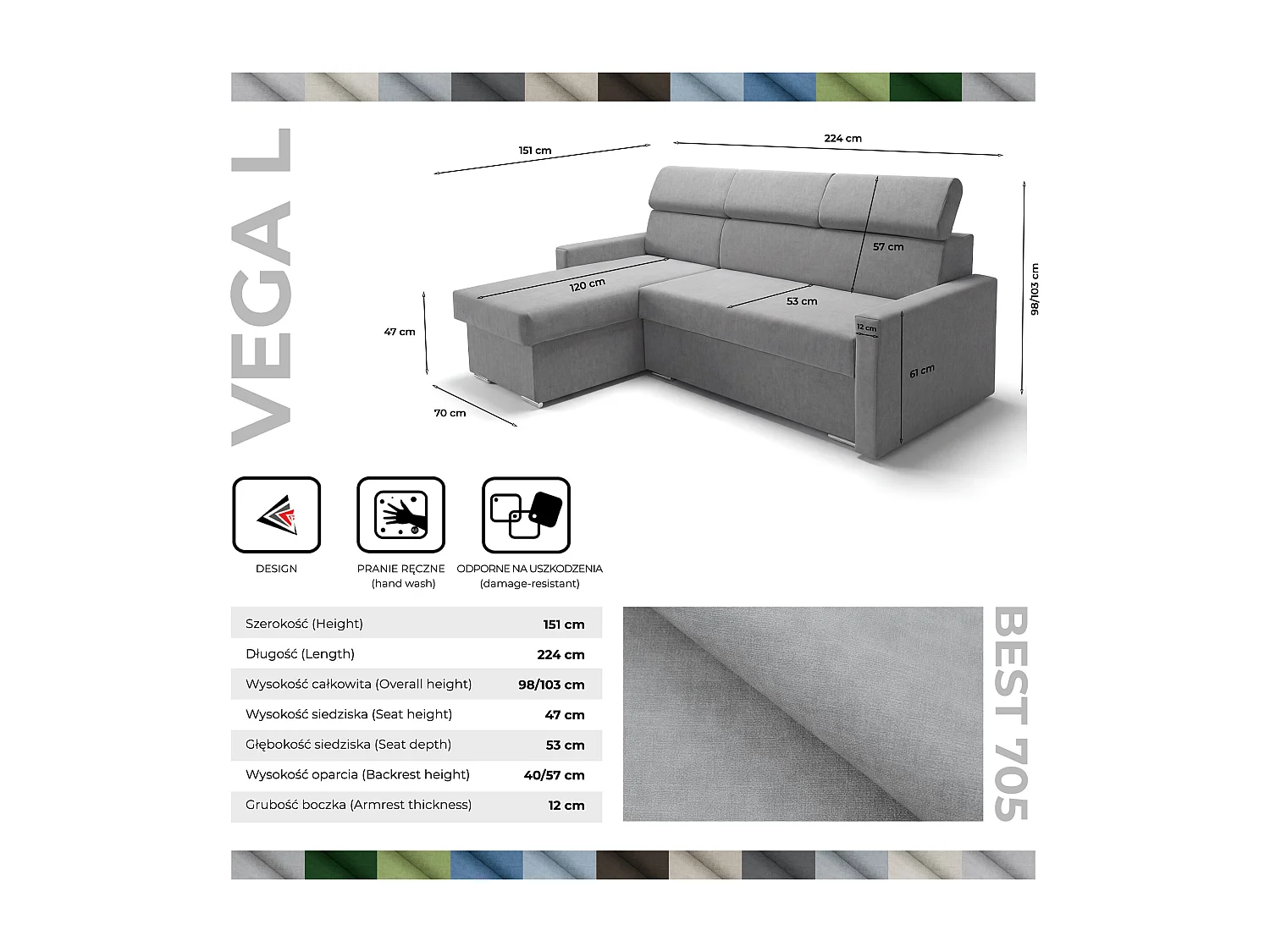 Ecksofa Vega L mit Schlaffunktion & Bettkasten – Samtstoff Best Stahlfarbe – Zero-Wall Design Wandbündig – L-Form Sofa Freistehend