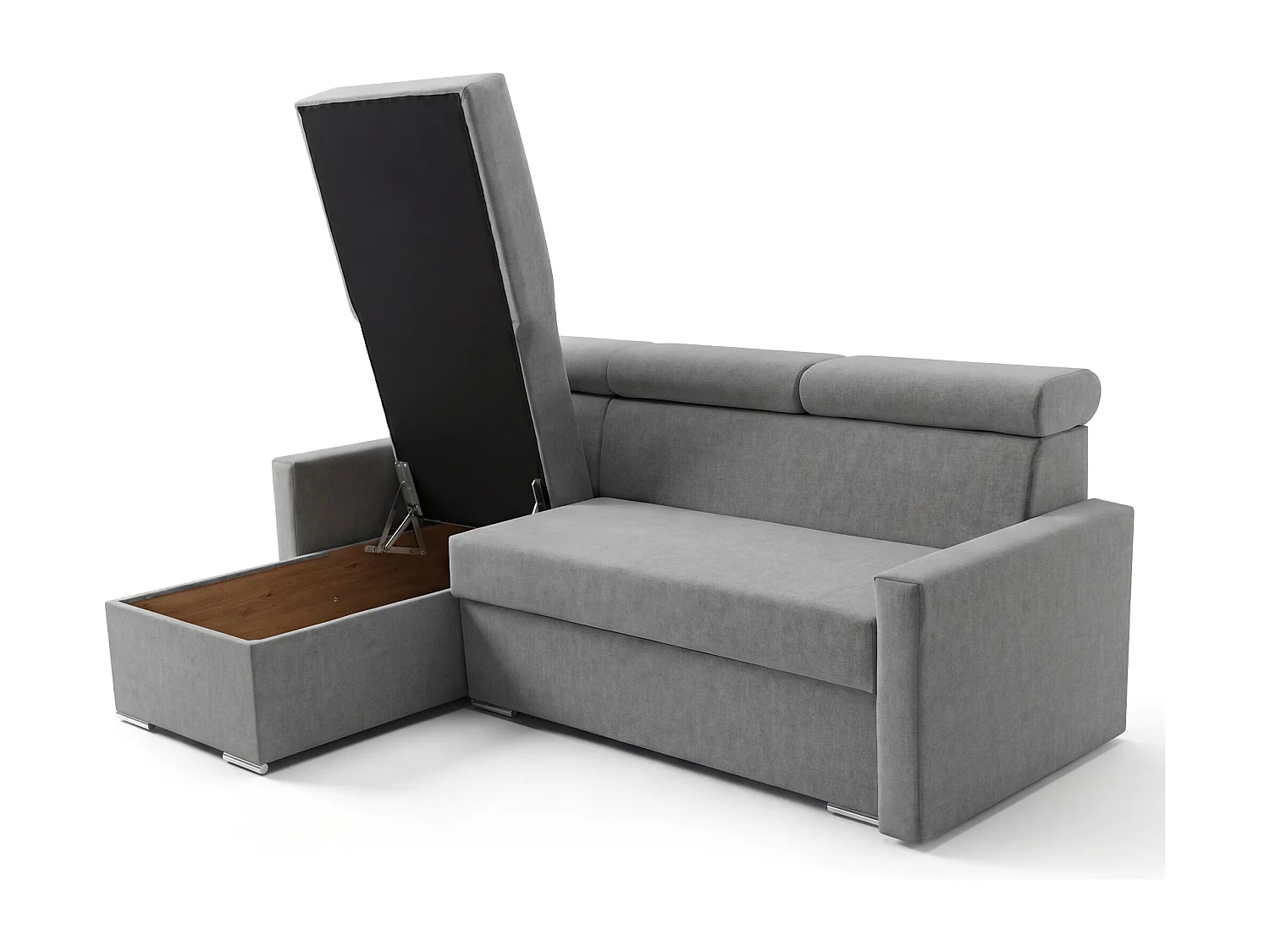 Ecksofa Vega L mit Schlaffunktion & Bettkasten – Samtstoff Best Stahlfarbe – Zero-Wall Design Wandbündig – L-Form Sofa Freistehend