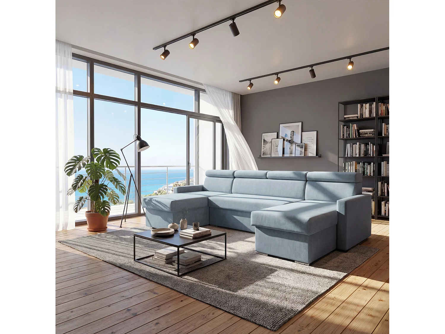 Vega U Wohnlandschaft mit Schlaffunktion und 2 Bettkasten Ecksofa in U-Form Verstellbare Kopfstützen Samt-Stoff Best 305x151 cm (Helllau)