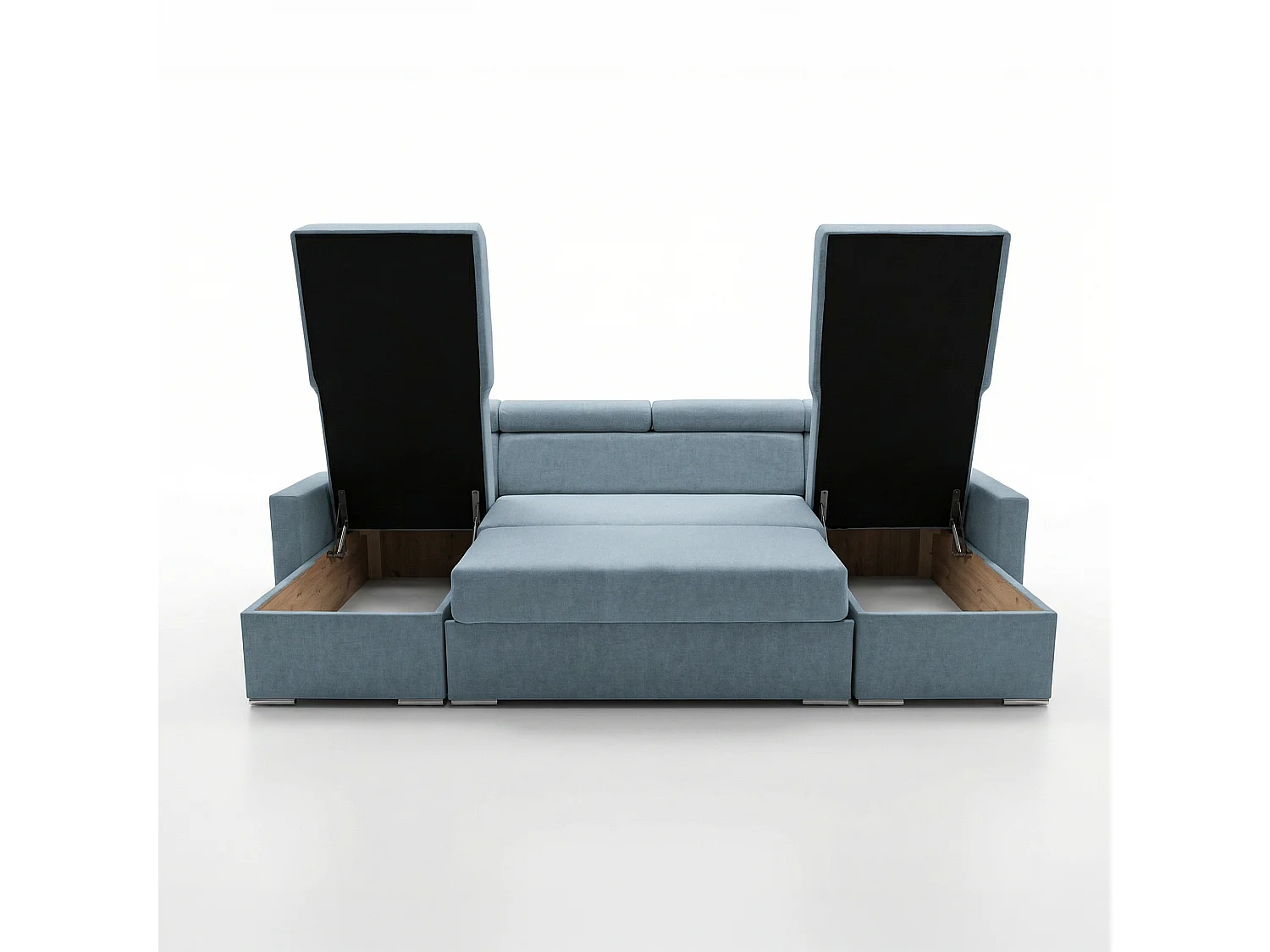 Vega U Wohnlandschaft mit Schlaffunktion und 2 Bettkasten Ecksofa in U-Form Verstellbare Kopfstützen Samt-Stoff Best 305x151 cm (Helllau)