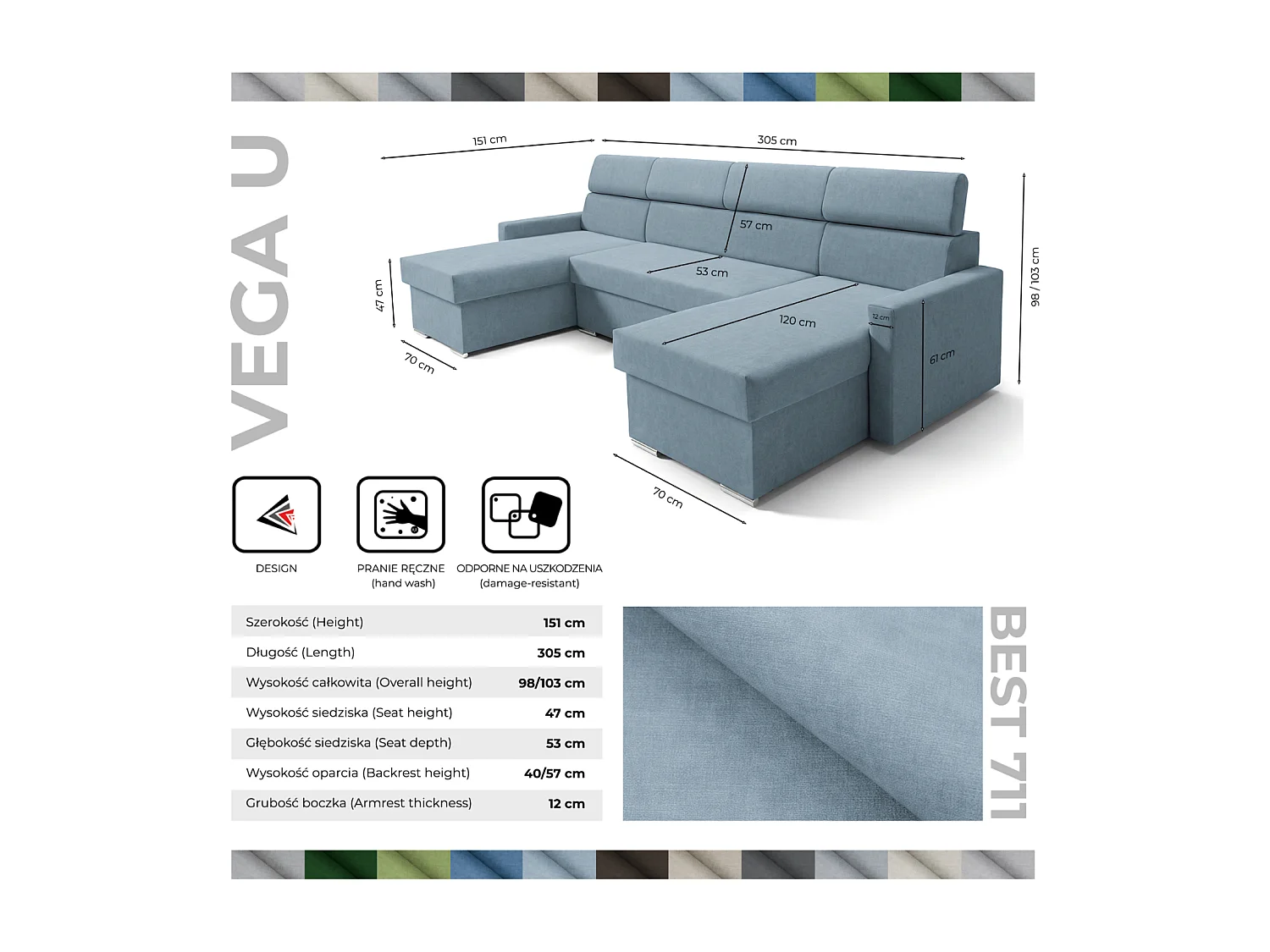 Vega U Wohnlandschaft mit Schlaffunktion und 2 Bettkasten Ecksofa in U-Form Verstellbare Kopfstützen Samt-Stoff Best 305x151 cm (Helllau)