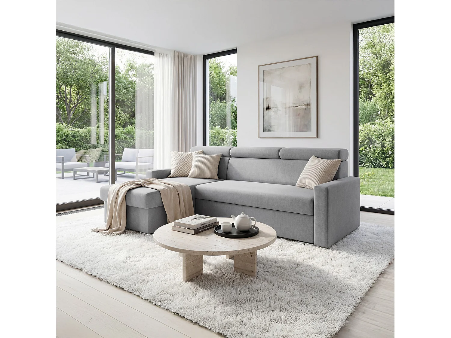 Ecksofa Vega L mit Schlaffunktion & Bettkasten – Samtstoff Best Hellgrau– Zero-Wall Design Wandbündig – L-Form Sofa Freistehend