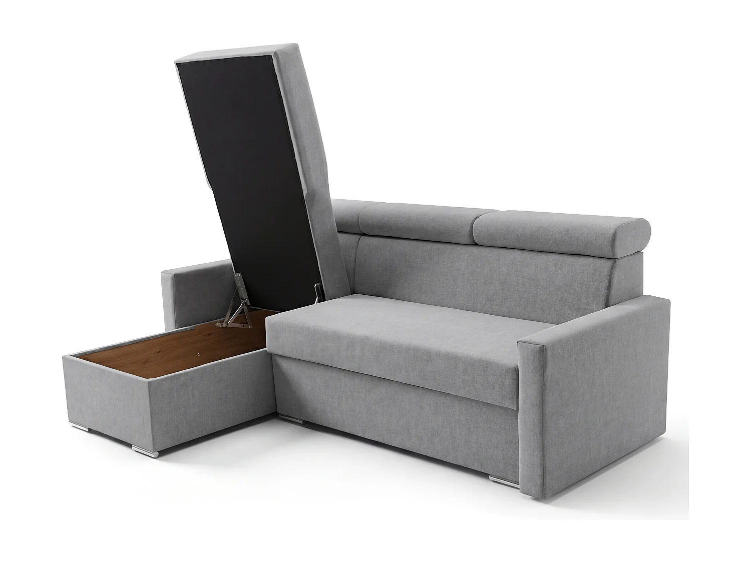 Ecksofa Vega L mit Schlaffunktion & Bettkasten – Samtstoff Best Hellgrau– Zero-Wall Design Wandbündig – L-Form Sofa Freistehend