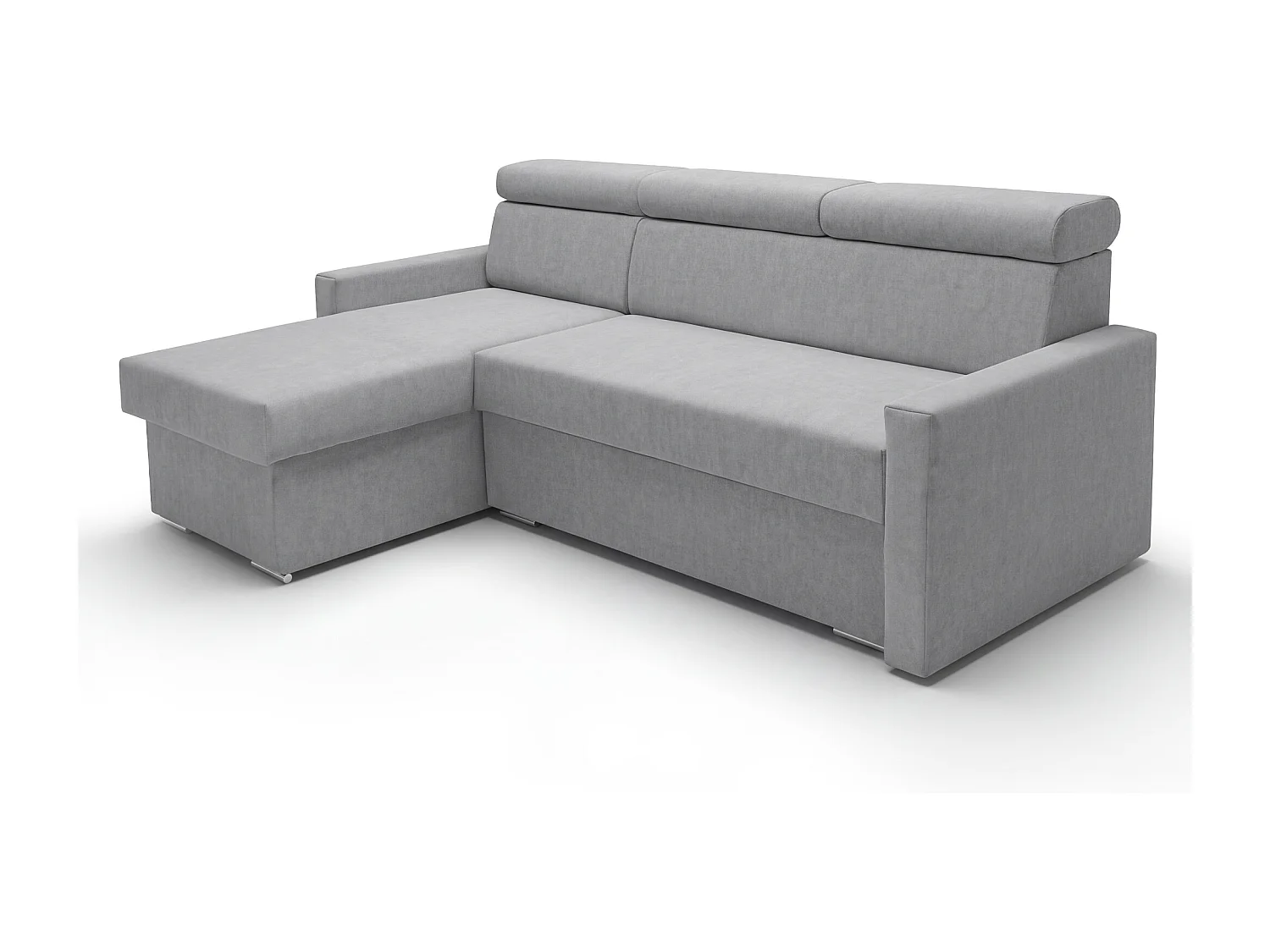Ecksofa Vega L mit Schlaffunktion & Bettkasten – Samtstoff Best Hellgrau– Zero-Wall Design Wandbündig – L-Form Sofa Freistehend