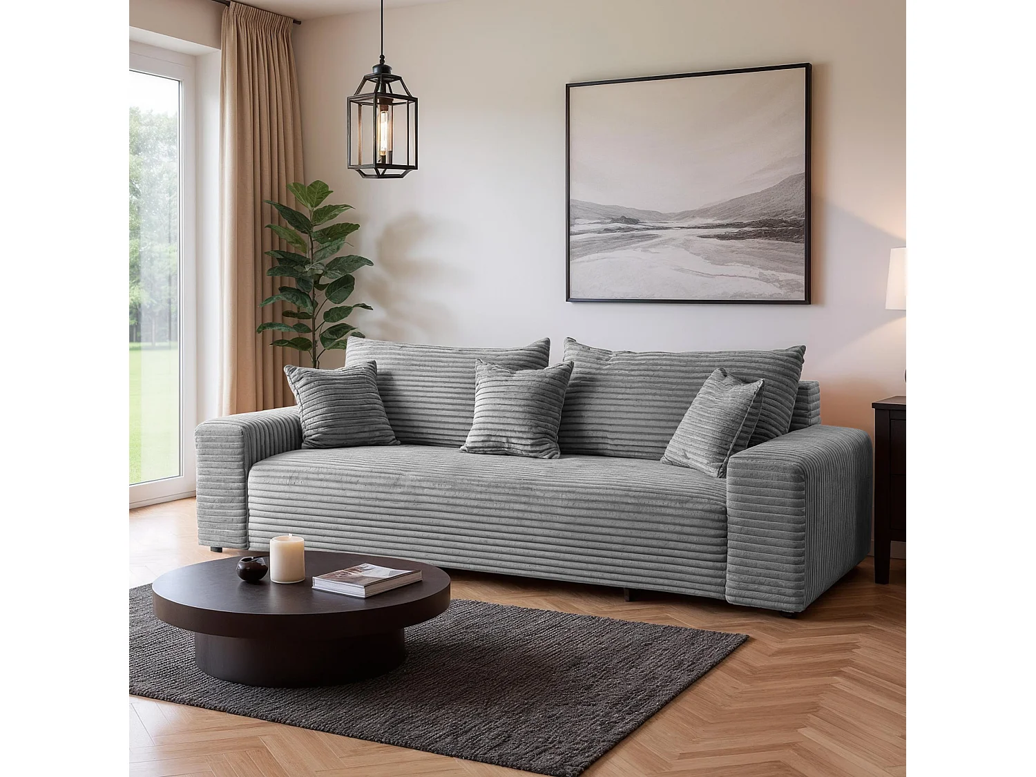 3-Sitzer-Schlafsofa 265 × 105 cm Hellgrau mit Stauraum, Stoff: hellgrauer Cord – Cordo