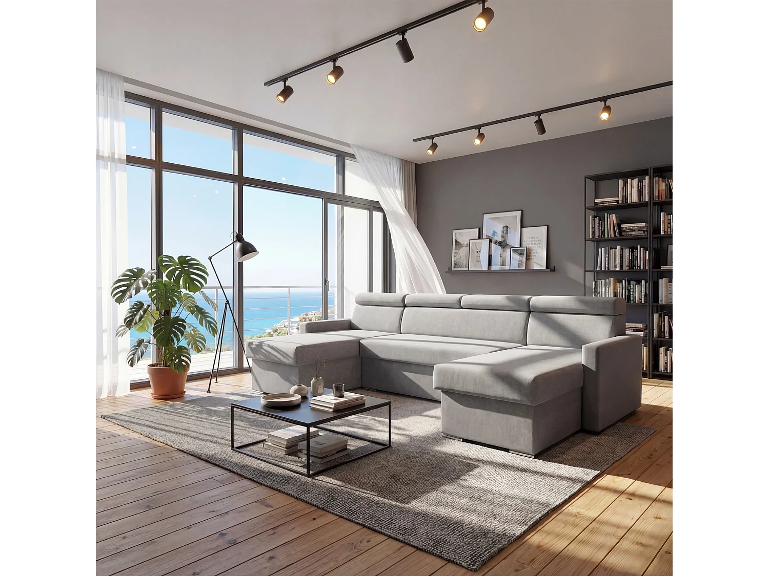 Vega U Ecksofa nach Maß | Breite anpassbar | Schlaffunktion 2 Bettkasten U-Form verstellbare Kopfstützen Samt-Stoff Best 305x151 cm (Stahlfarbe)