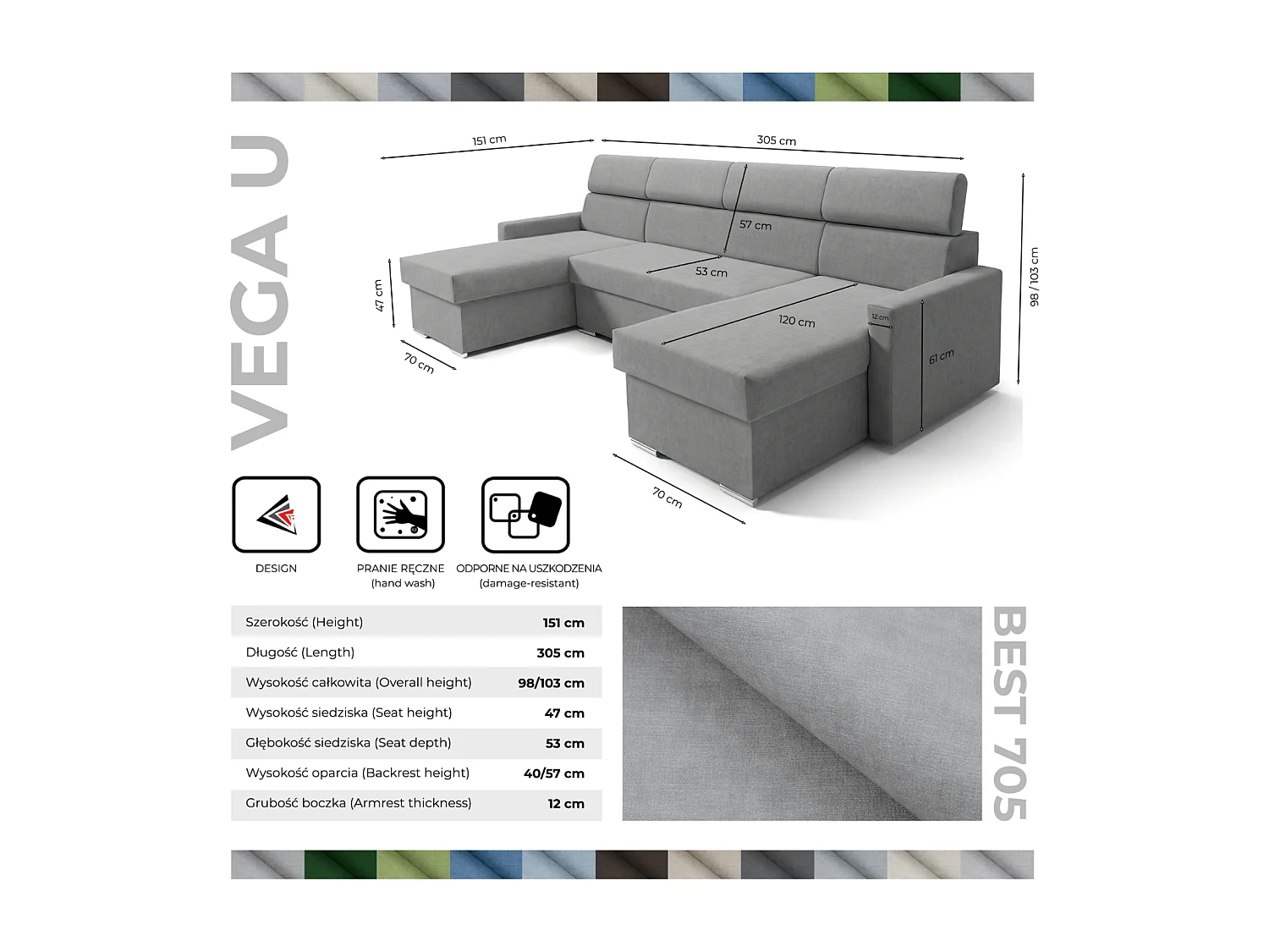 Vega U Ecksofa nach Maß | Breite anpassbar | Schlaffunktion 2 Bettkasten U-Form verstellbare Kopfstützen Samt-Stoff Best 305x151 cm (Stahlfarbe)