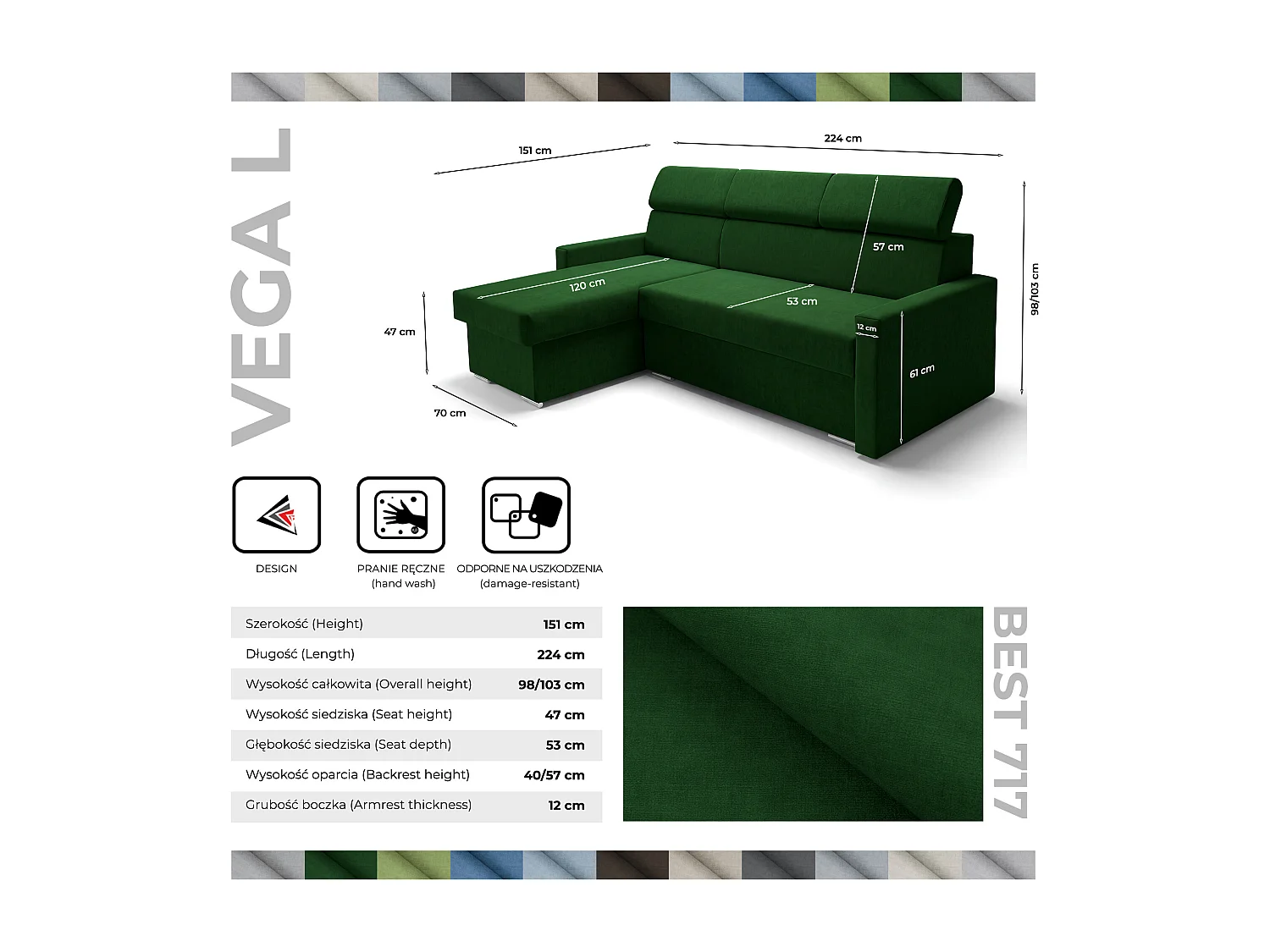 Ecksofa Vega L mit Schlaffunktion & Bettkasten – Samtstoff Best Flaschengrün – Zero-Wall Design Wandbündig – L-Form Sofa Freistehend Flaschengrün