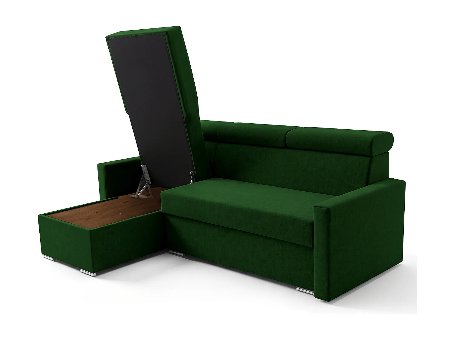Ecksofa Vega L mit Schlaffunktion & Bettkasten – Samtstoff Best Flaschengrün – Zero-Wall Design Wandbündig – L-Form Sofa Freistehend Flaschengrün