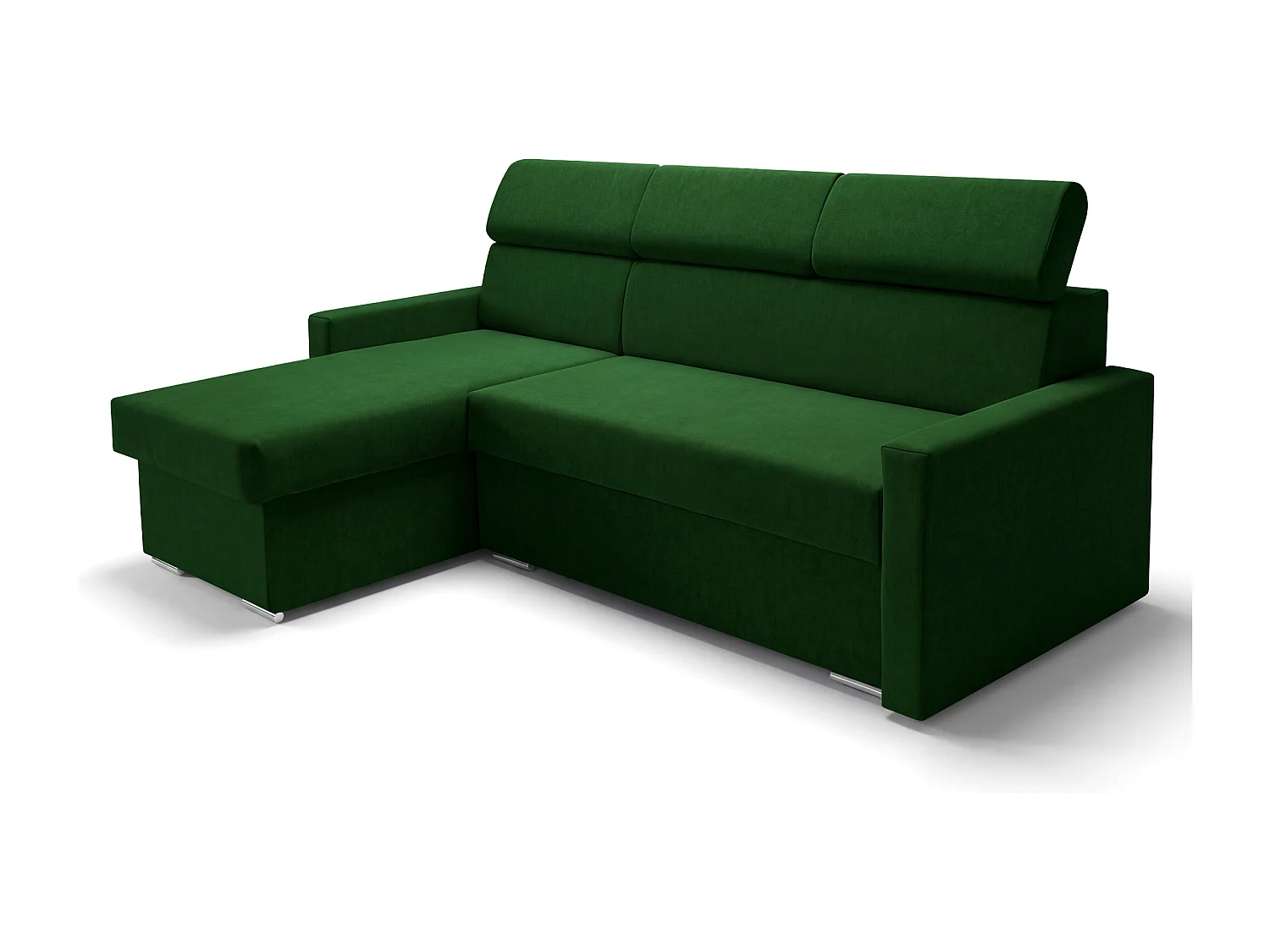 Ecksofa Vega L mit Schlaffunktion & Bettkasten – Samtstoff Best Flaschengrün – Zero-Wall Design Wandbündig – L-Form Sofa Freistehend Flaschengrün