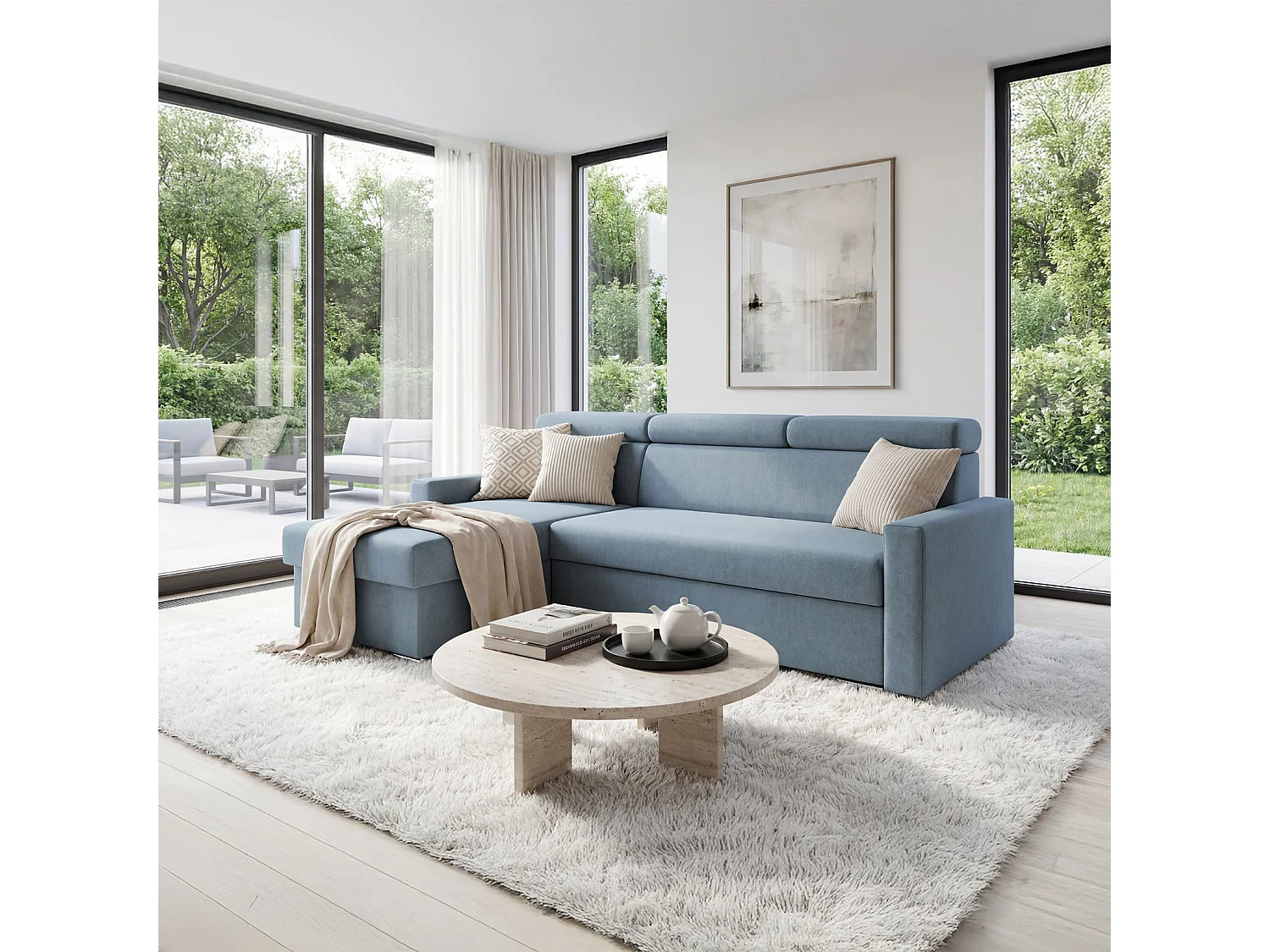 Ecksofa Vega L mit Schlaffunktion & Bettkasten – Samtstoff Best Himmelblau – Zero-Wall Design Wandbündig – L-Form Sofa Freistehend Himmelblau