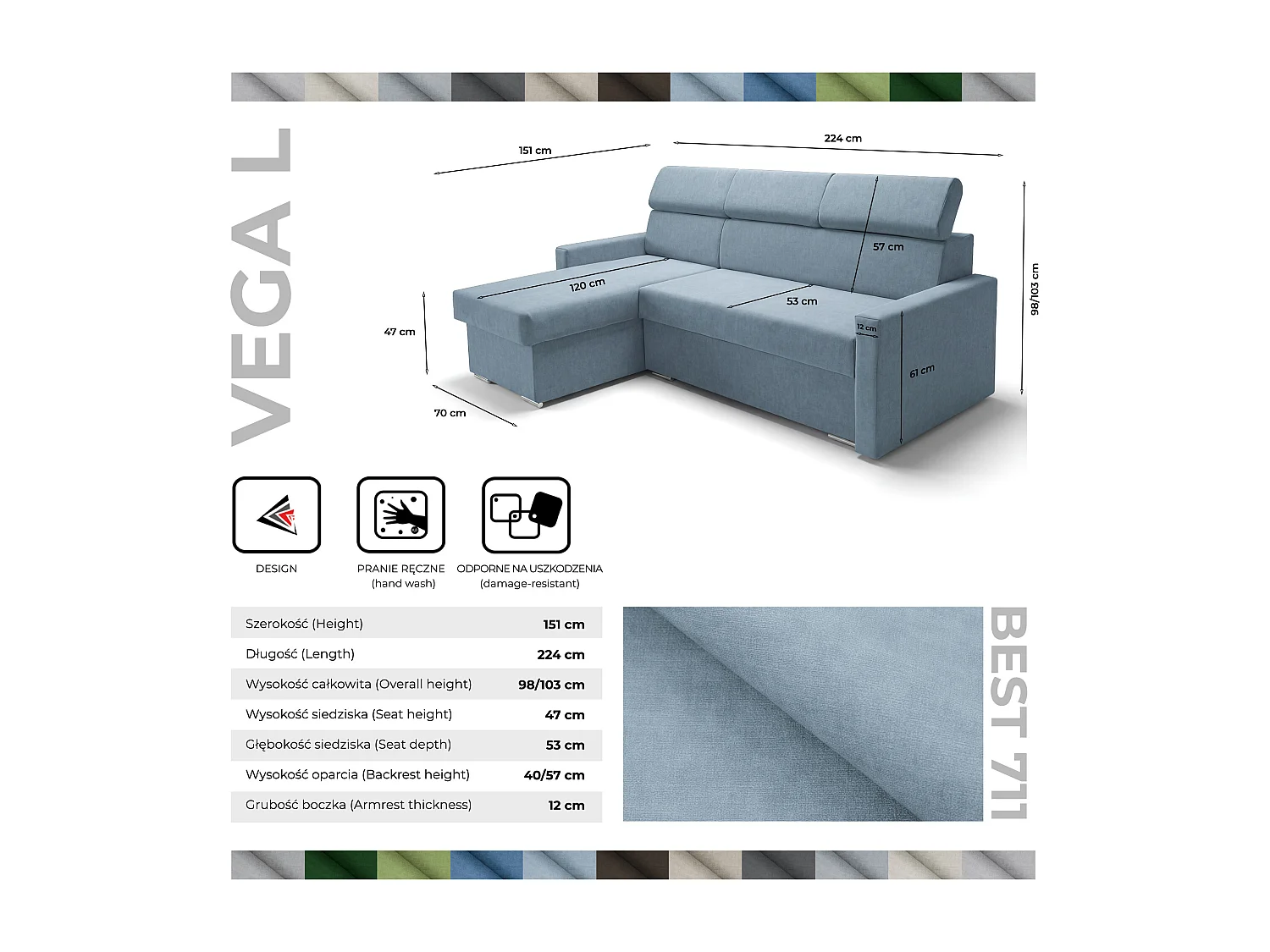Ecksofa Vega L mit Schlaffunktion & Bettkasten – Samtstoff Best Himmelblau – Zero-Wall Design Wandbündig – L-Form Sofa Freistehend Himmelblau