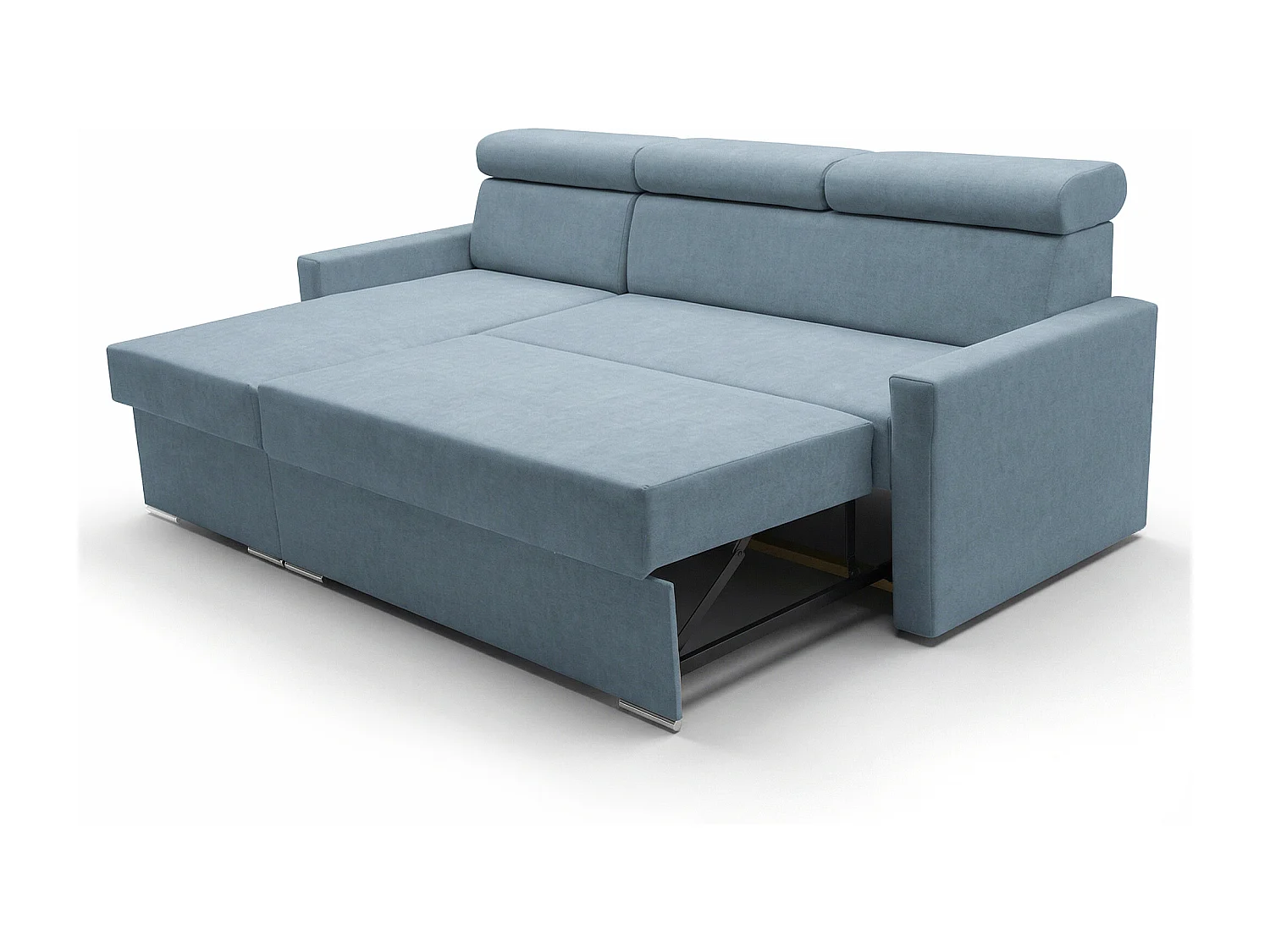 Ecksofa Vega L mit Schlaffunktion & Bettkasten – Samtstoff Best Himmelblau – Zero-Wall Design Wandbündig – L-Form Sofa Freistehend Himmelblau