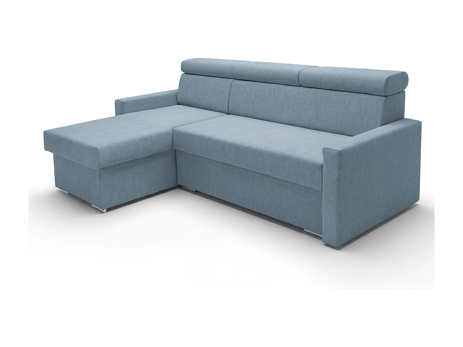 Ecksofa Vega L mit Schlaffunktion & Bettkasten – Samtstoff Best Himmelblau – Zero-Wall Design Wandbündig – L-Form Sofa Freistehend Himmelblau