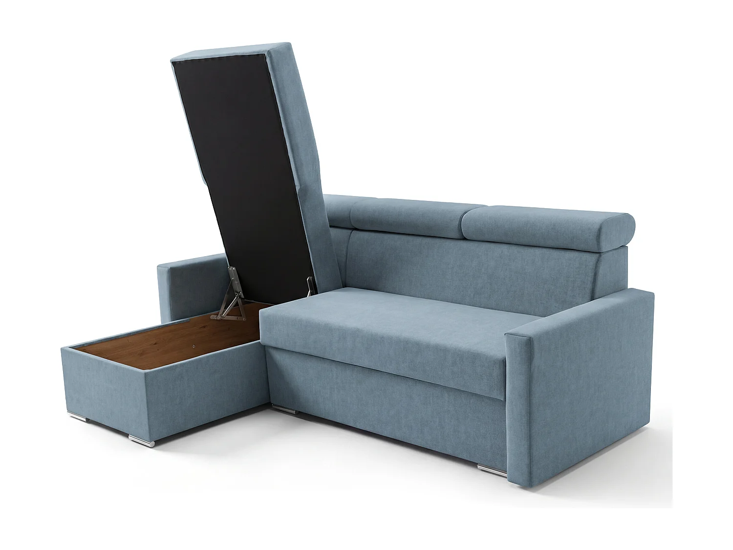 Ecksofa Vega L mit Schlaffunktion & Bettkasten – Samtstoff Best Himmelblau – Zero-Wall Design Wandbündig – L-Form Sofa Freistehend Himmelblau