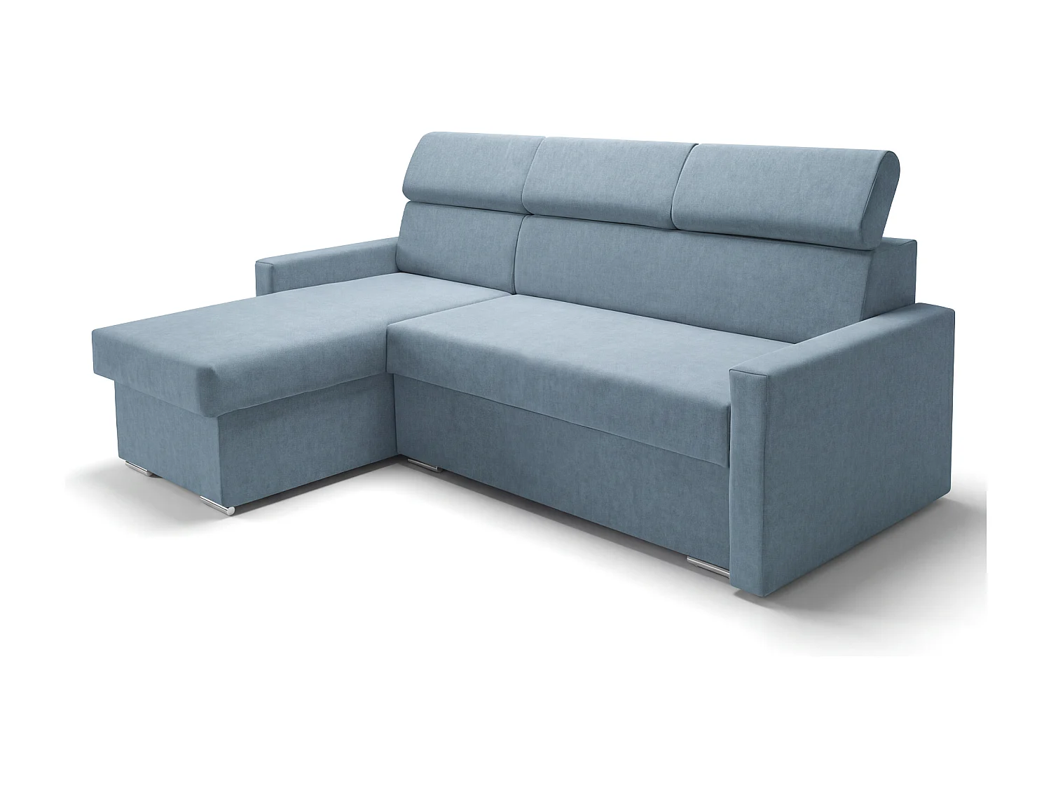 Ecksofa Vega L mit Schlaffunktion & Bettkasten – Samtstoff Best Himmelblau – Zero-Wall Design Wandbündig – L-Form Sofa Freistehend Himmelblau