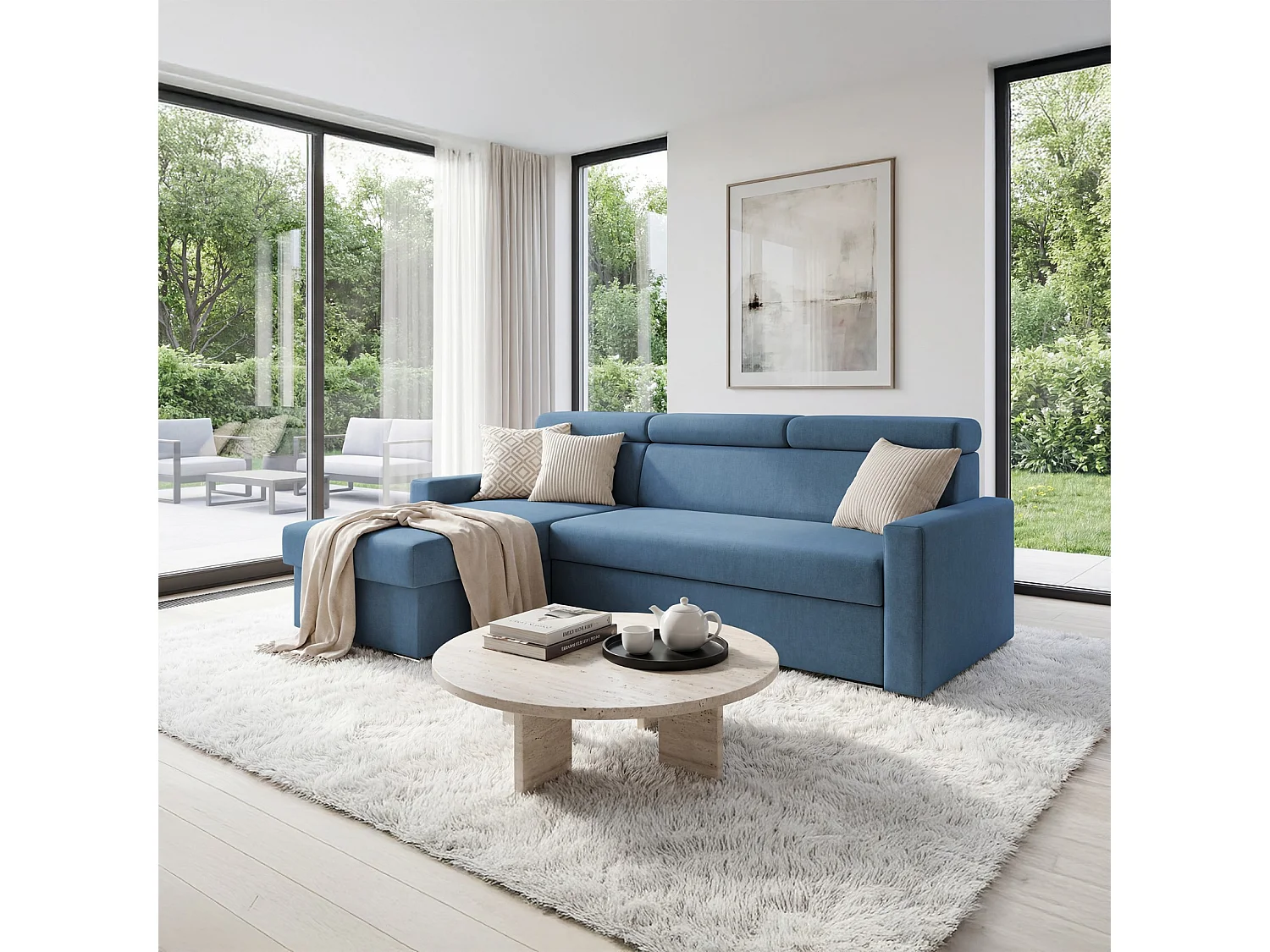 Ecksofa Vega L mit Schlaffunktion & Bettkasten – Samtstoff Best Blau – Zero-Wall Design Wandbündig – L-Form Sofa Freistehend
