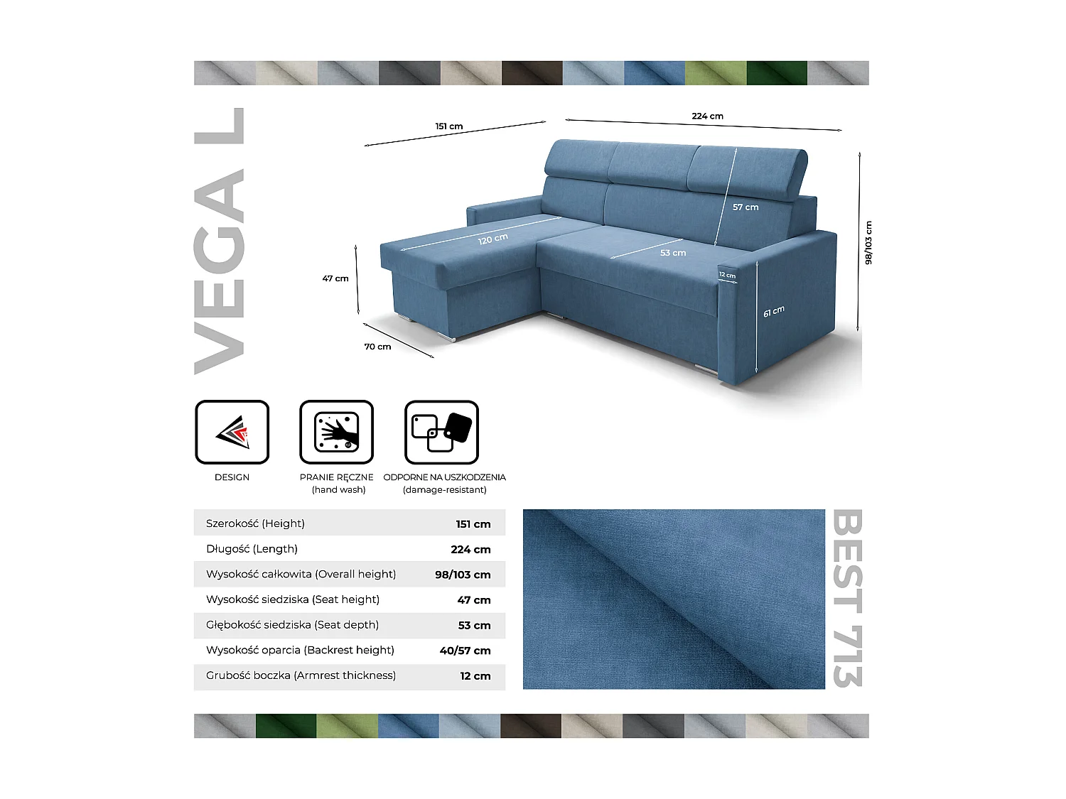 Ecksofa Vega L mit Schlaffunktion & Bettkasten – Samtstoff Best Blau – Zero-Wall Design Wandbündig – L-Form Sofa Freistehend