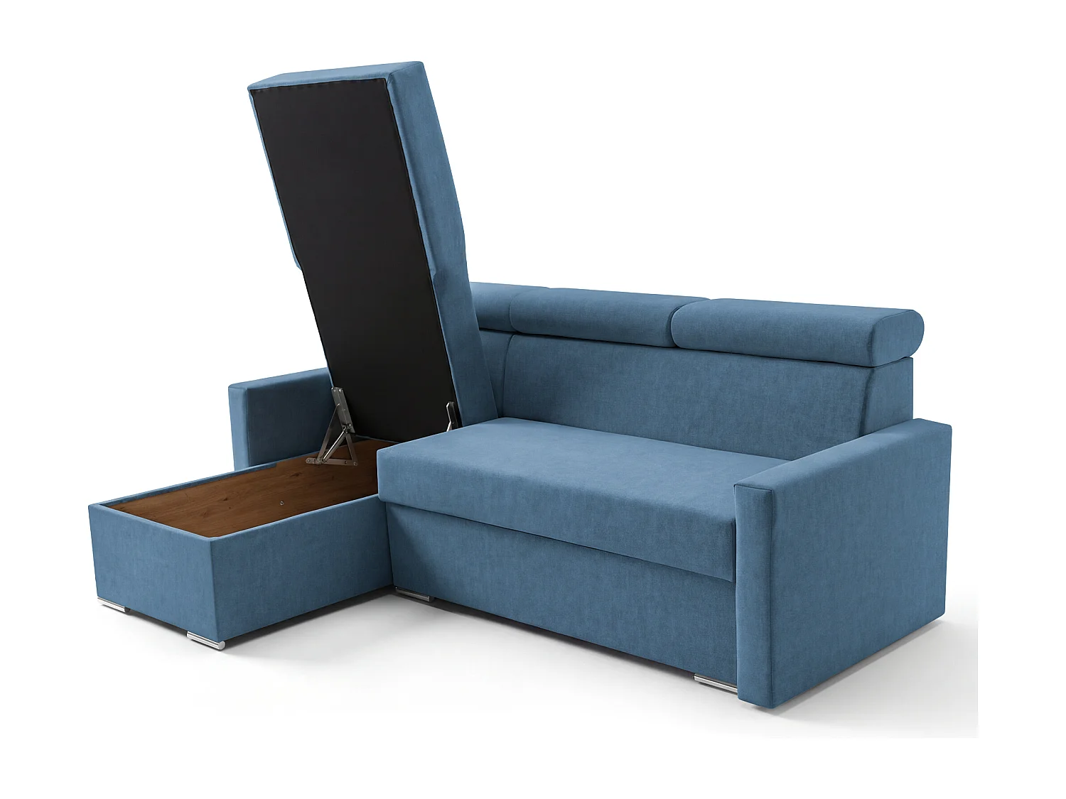 Ecksofa Vega L mit Schlaffunktion & Bettkasten – Samtstoff Best Blau – Zero-Wall Design Wandbündig – L-Form Sofa Freistehend