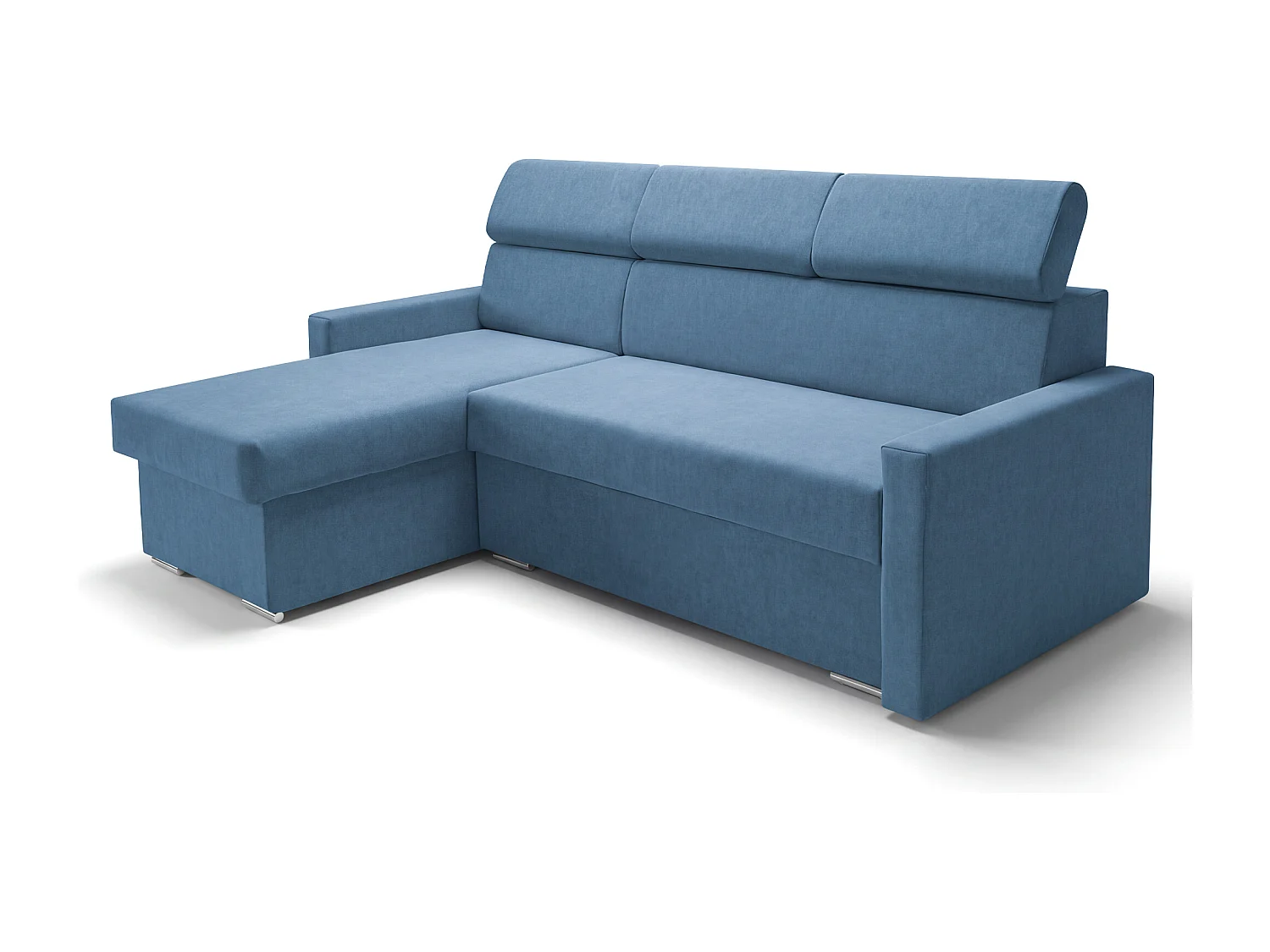 Ecksofa Vega L mit Schlaffunktion & Bettkasten – Samtstoff Best Blau – Zero-Wall Design Wandbündig – L-Form Sofa Freistehend