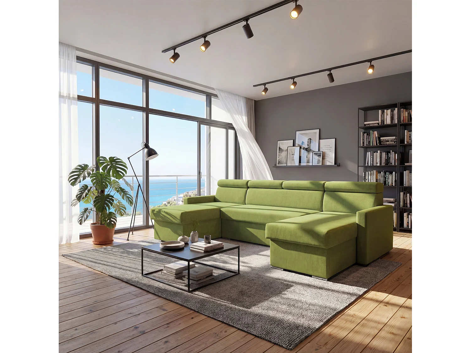 Vega U Ecksofa nach Maß | Breite anpassbar | Schlaffunktion 2 Bettkasten U-Form verstellbare Kopfstützen Samt-Stoff Best 305x151 cm (Hellgrün)