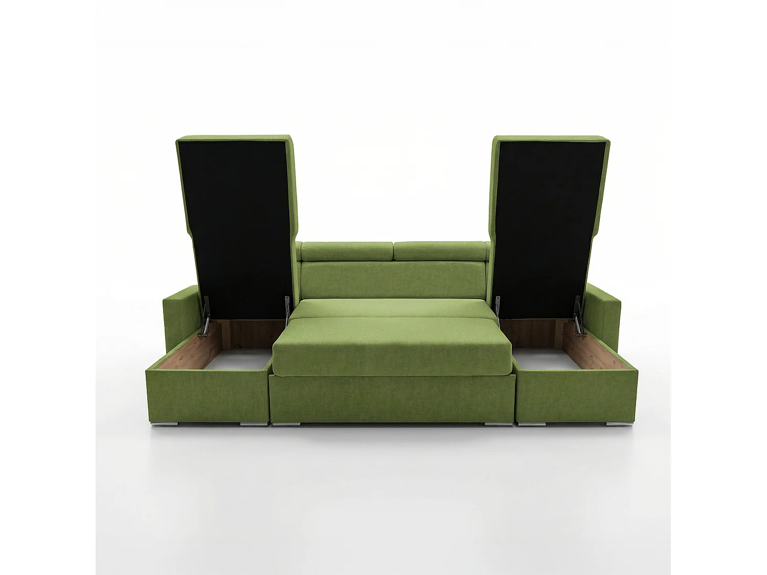 Vega U Ecksofa nach Maß | Breite anpassbar | Schlaffunktion 2 Bettkasten U-Form verstellbare Kopfstützen Samt-Stoff Best 305x151 cm (Hellgrün)