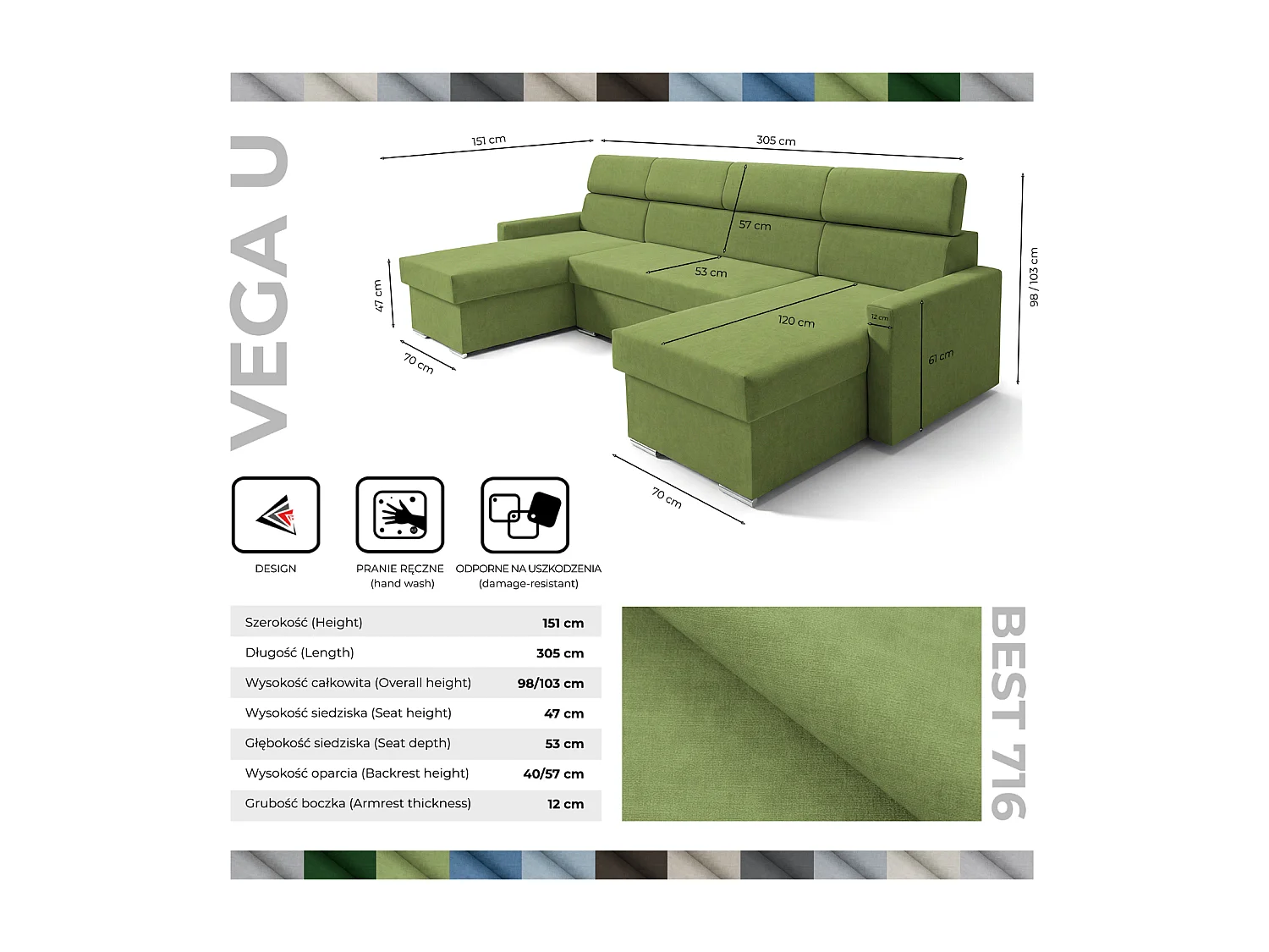 Vega U Ecksofa nach Maß | Breite anpassbar | Schlaffunktion 2 Bettkasten U-Form verstellbare Kopfstützen Samt-Stoff Best 305x151 cm (Hellgrün)