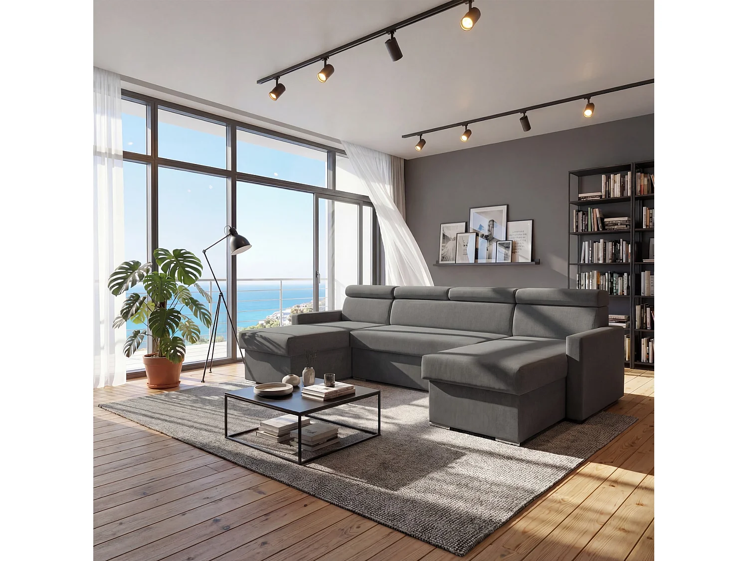 Vega U Wohnlandschaft mit Schlaffunktion und 2 Bettkasten Ecksofa in U-Form Verstellbare Kopfstützen Samt-Stoff Best 305x151 cm (Graphit)