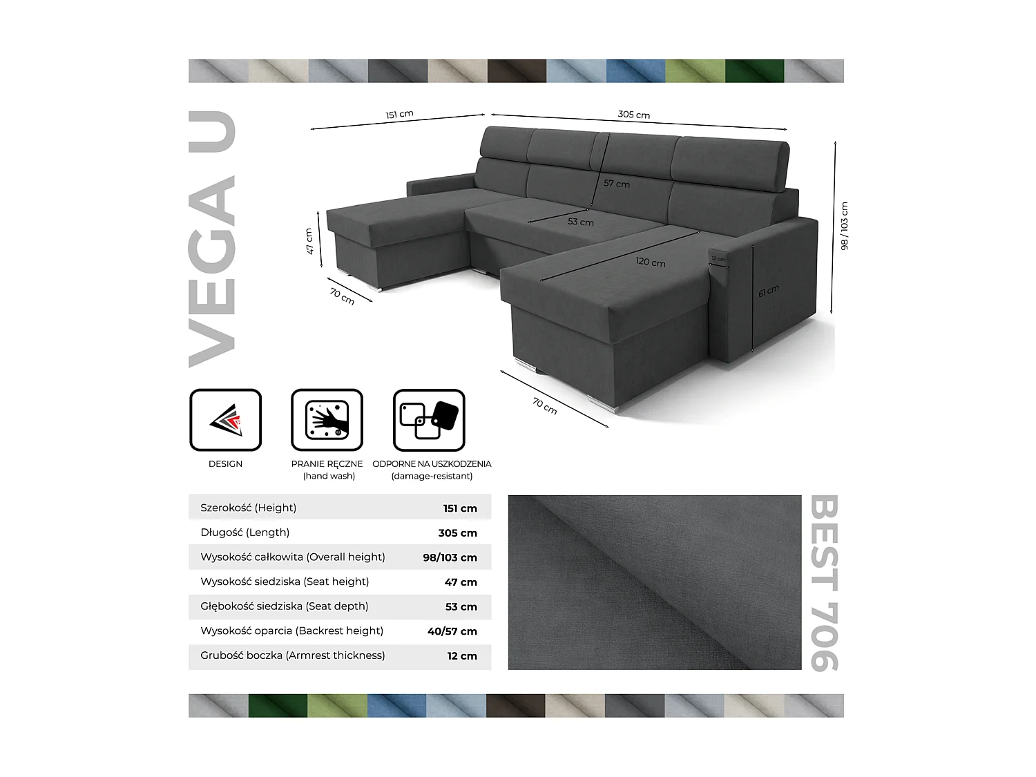 Vega U Wohnlandschaft mit Schlaffunktion und 2 Bettkasten Ecksofa in U-Form Verstellbare Kopfstützen Samt-Stoff Best 305x151 cm (Graphit)