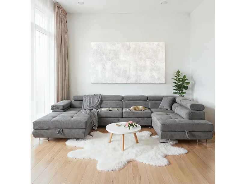 Ecksofa Aller U XXL-Ecksofa mit Schlaffunktion und zwei Bettkästen in Hellgrau, rechte Seite