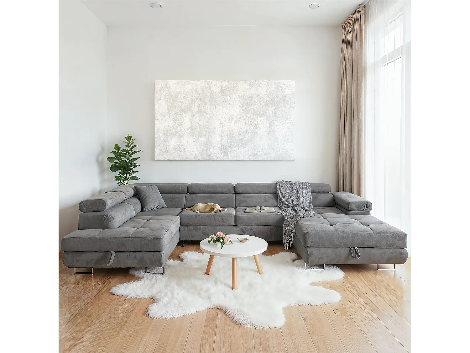 Ecksofa Aller U XXL-Ecksofa mit Schlaffunktion und zwei Bettkästen in Hellgrau, linke Seite