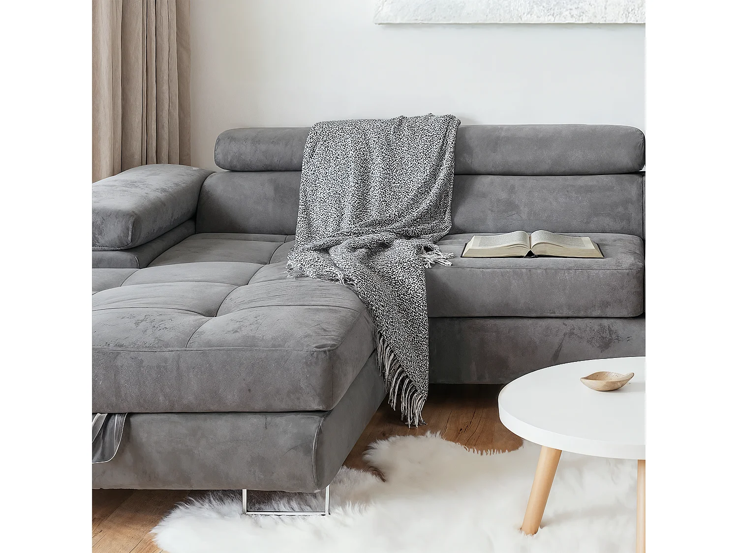 Ecksofa Aller U XXL-Ecksofa mit Schlaffunktion und zwei Bettkästen in Hellgrau, linke Seite