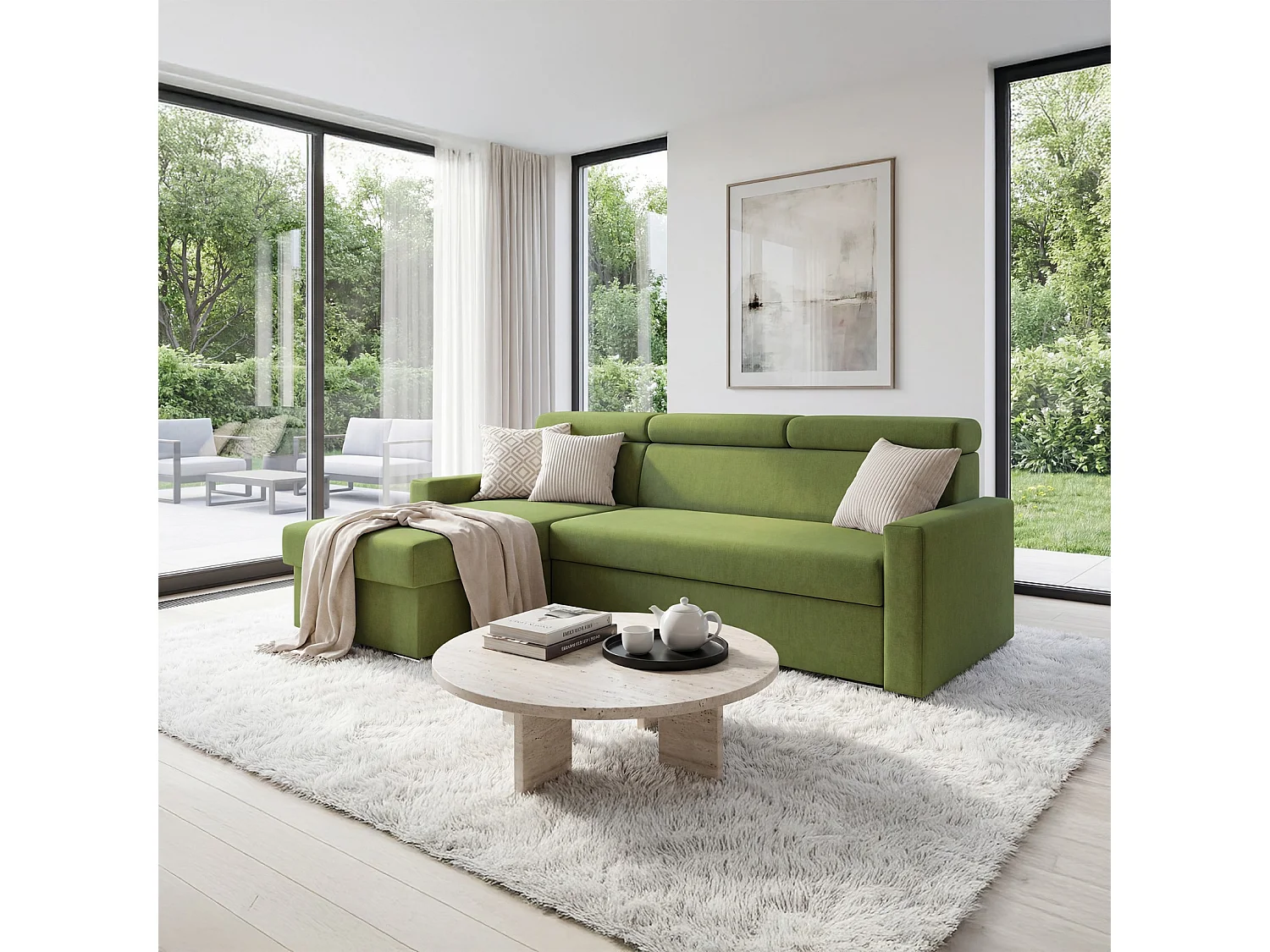 Ecksofa Vega L mit Schlaffunktion & Bettkasten – Samtstoff Best Grün– Zero-Wall Design Wandbündig – L-Form Sofa Freistehend