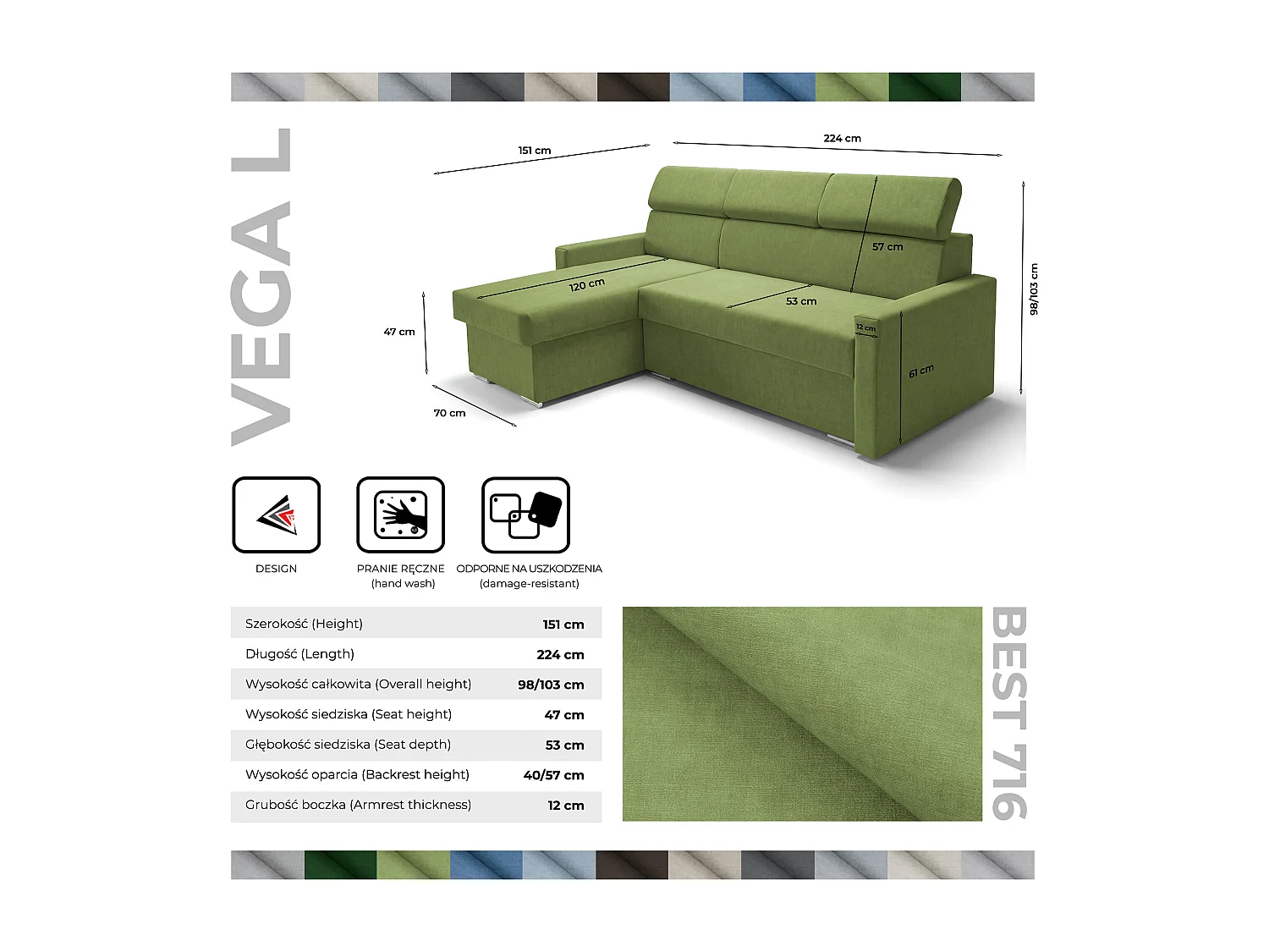 Ecksofa Vega L mit Schlaffunktion & Bettkasten – Samtstoff Best Grün– Zero-Wall Design Wandbündig – L-Form Sofa Freistehend