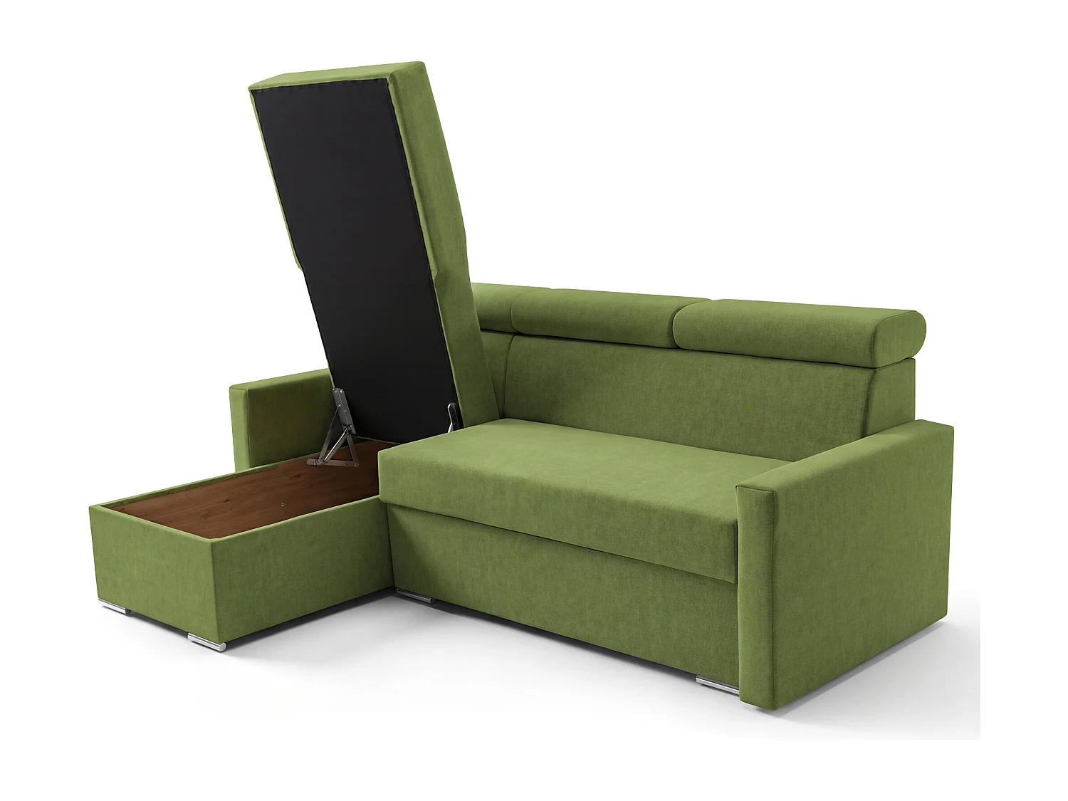 Ecksofa Vega L mit Schlaffunktion & Bettkasten – Samtstoff Best Grün– Zero-Wall Design Wandbündig – L-Form Sofa Freistehend