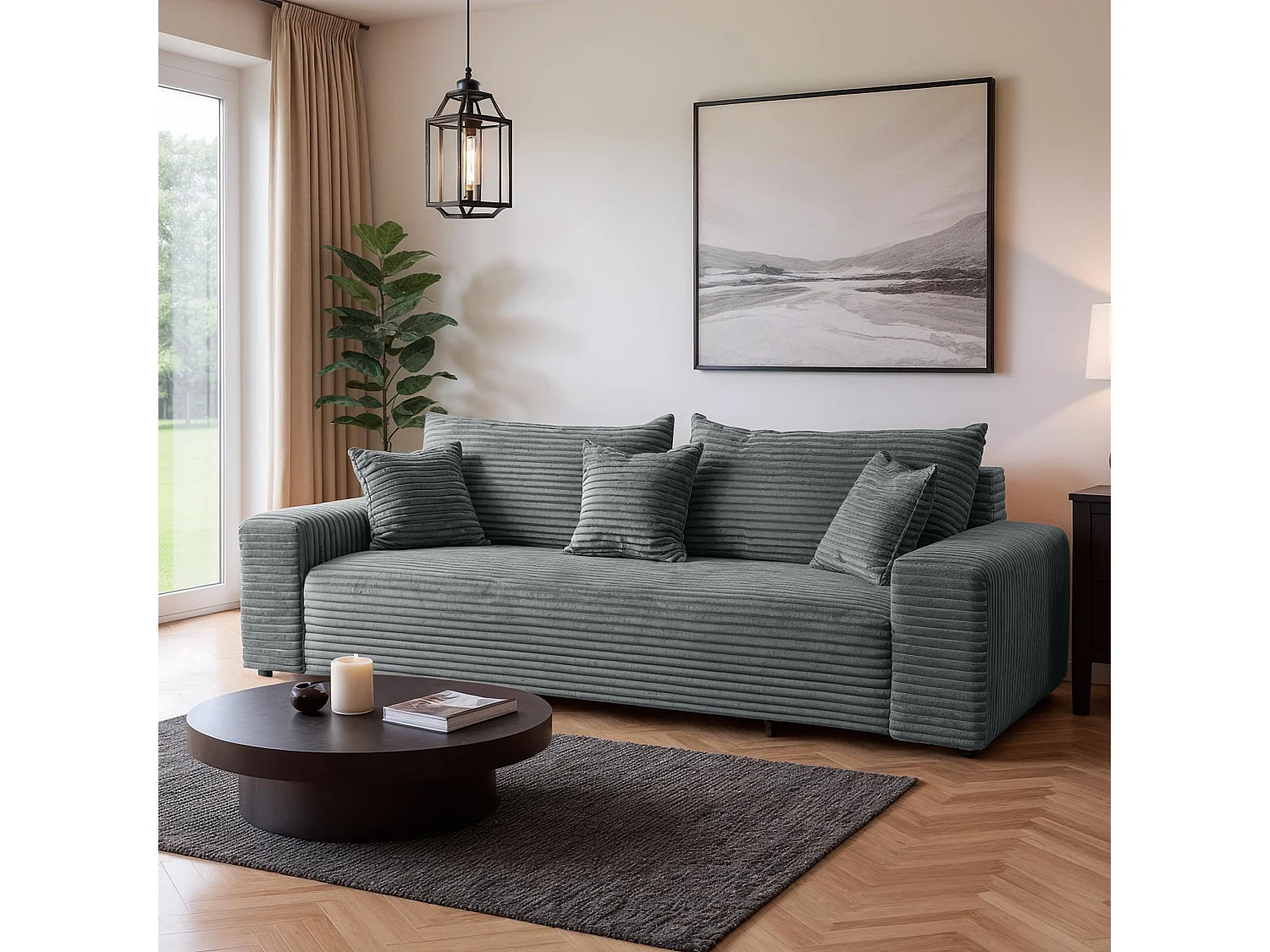 Sofa CORDO by Sofiland - Modernes Schlafsofa mit Bettkasten, Cord-Sofa 265x105 cm, Grau