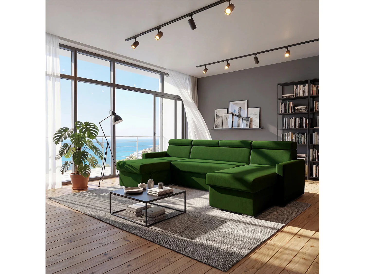 Vega U Ecksofa nach Maß | Breite anpassbar | Schlaffunktion 2 Bettkasten U-Form verstellbare Kopfstützen Samt-Stoff Best 305x151 cm (Flaschengrün)