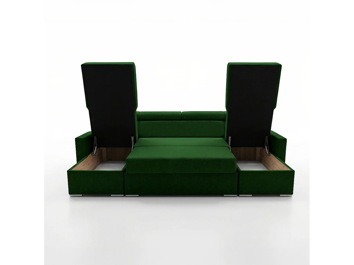 Vega U Ecksofa nach Maß | Breite anpassbar | Schlaffunktion 2 Bettkasten U-Form verstellbare Kopfstützen Samt-Stoff Best 305x151 cm (Flaschengrün)