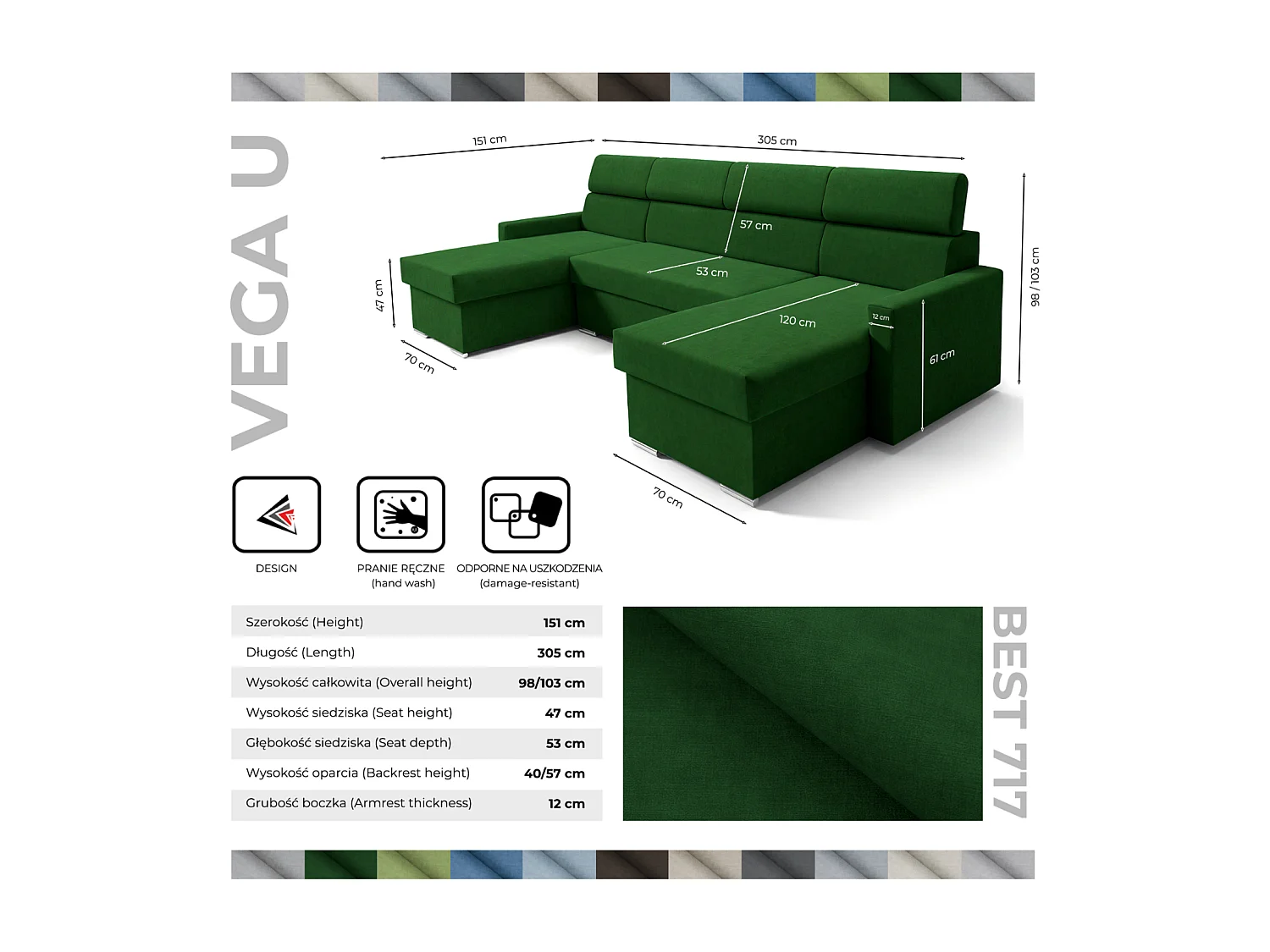 Vega U Ecksofa nach Maß | Breite anpassbar | Schlaffunktion 2 Bettkasten U-Form verstellbare Kopfstützen Samt-Stoff Best 305x151 cm (Flaschengrün)