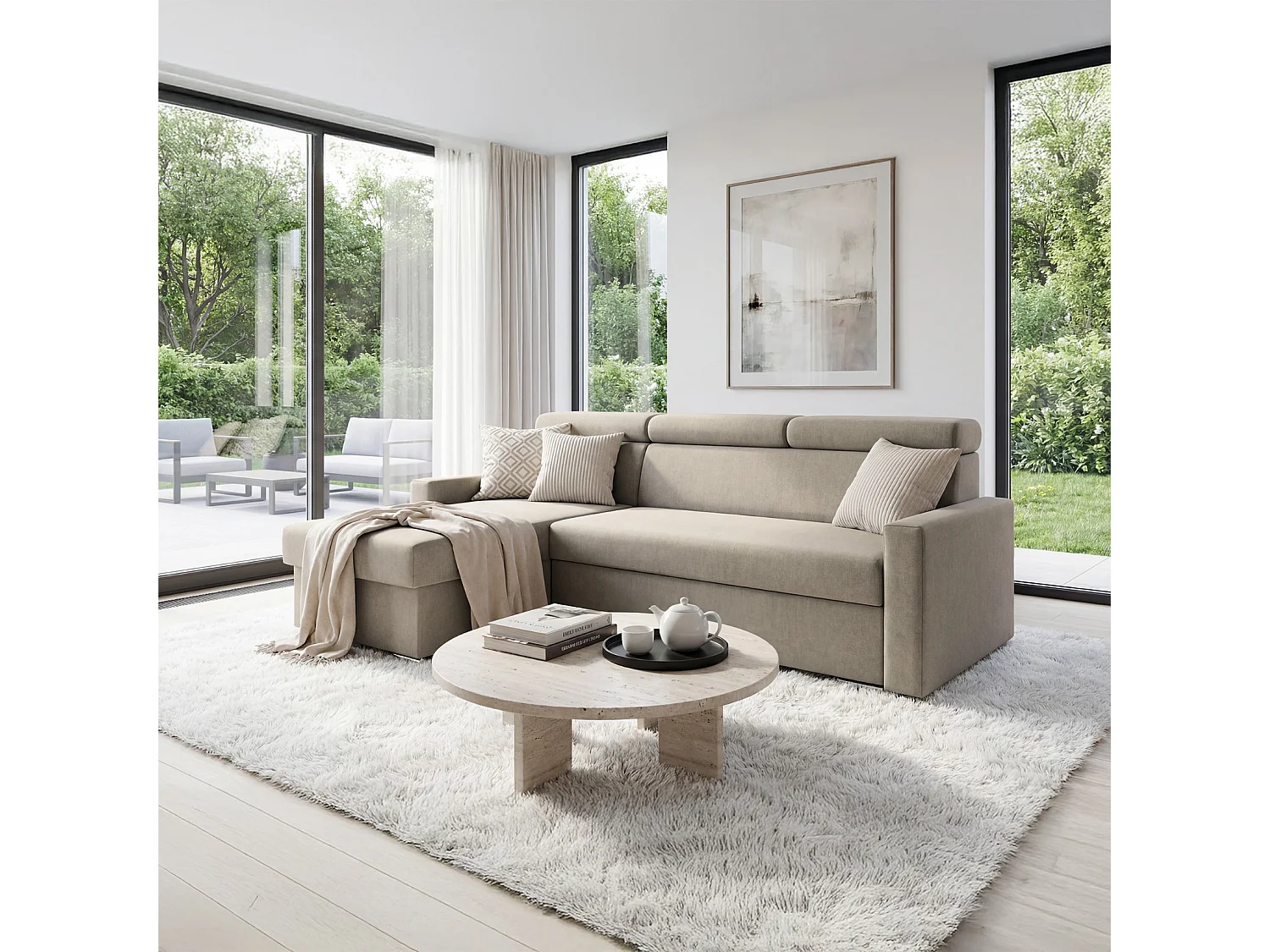 Ecksofa Vega L mit Schlaffunktion & Bettkasten – Samtstoff Best Beige– Zero-Wall Design Wandbündig – L-Form Sofa Freistehend