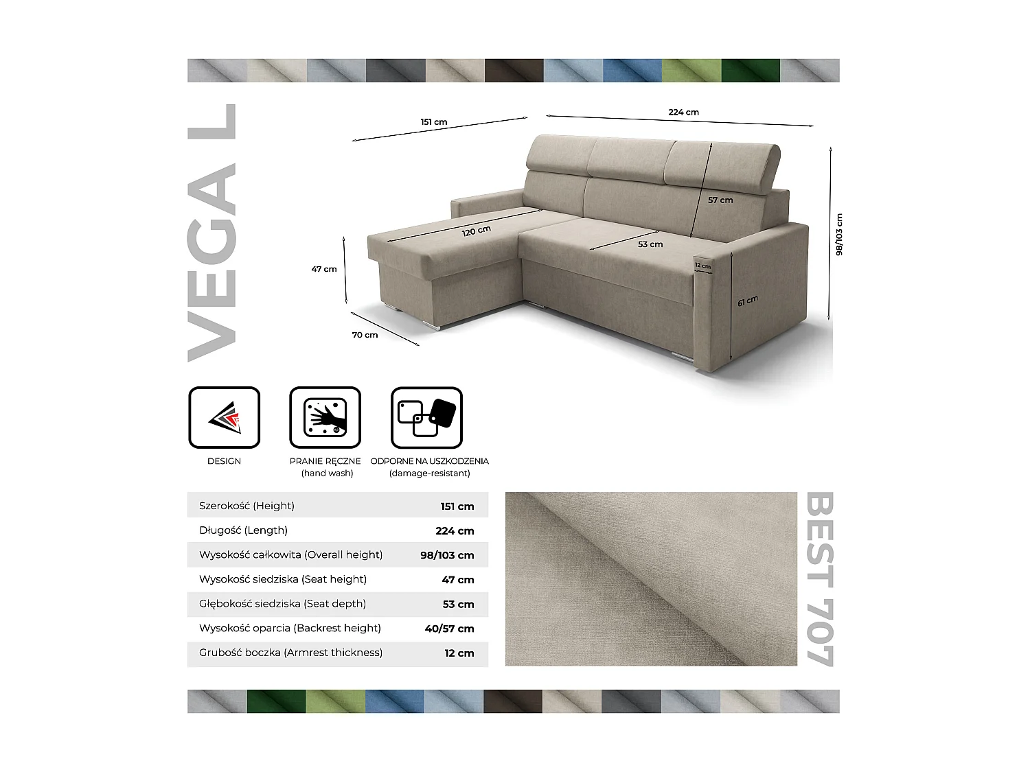 Ecksofa Vega L mit Schlaffunktion & Bettkasten – Samtstoff Best Beige– Zero-Wall Design Wandbündig – L-Form Sofa Freistehend