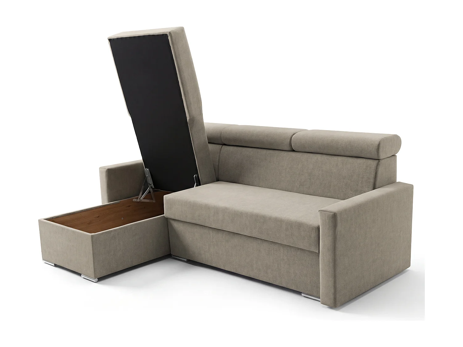 Ecksofa Vega L mit Schlaffunktion & Bettkasten – Samtstoff Best Beige– Zero-Wall Design Wandbündig – L-Form Sofa Freistehend